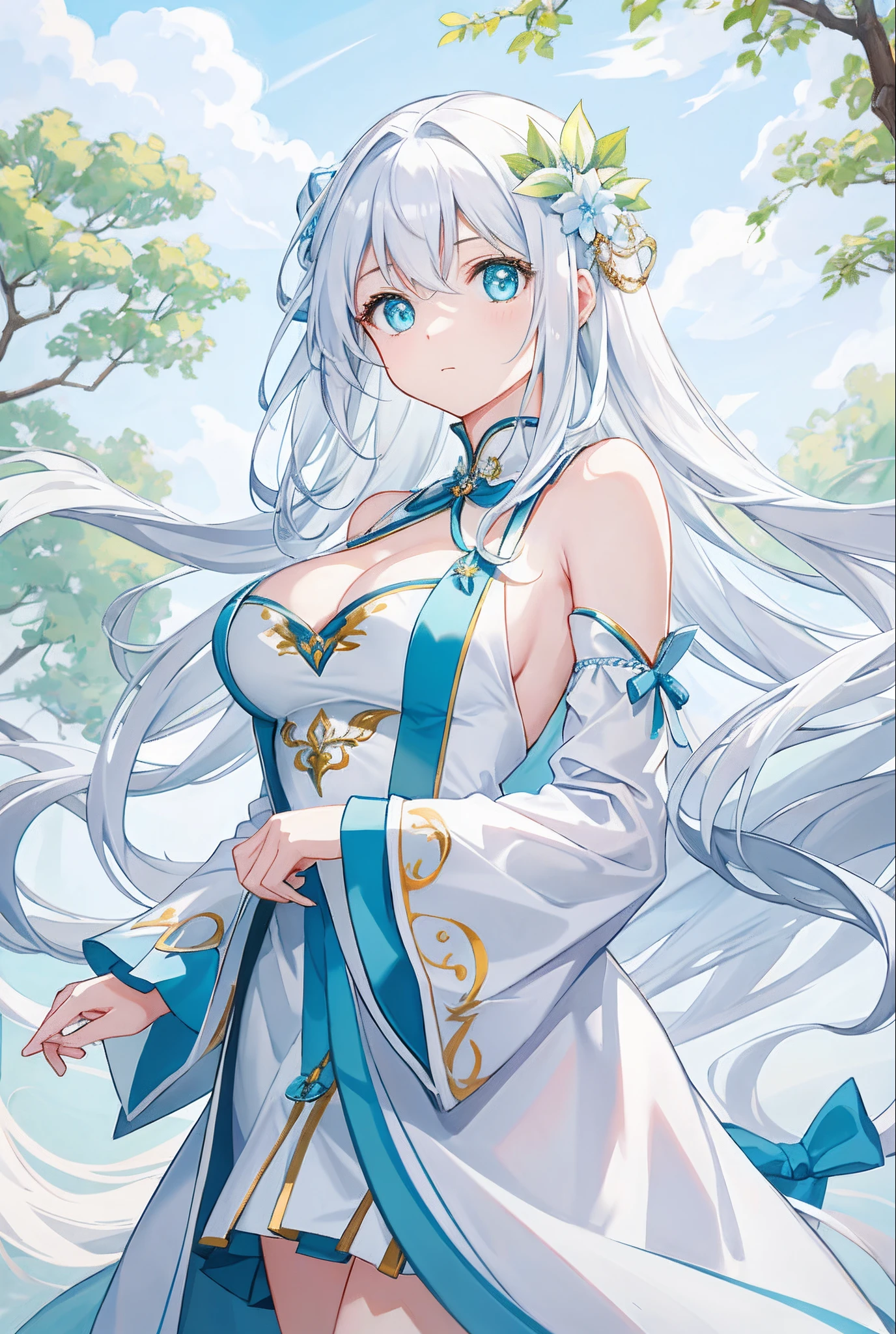 Masterpiece-level CG artwork，The painting style is fresh and soft。The theme is a beautiful girl with fairy air，Cyan eyes with smooth and fair skin，The trimmed white coat patted in the wind，Long white hair dangling，The gesture of looking up at the sky is extremely beautiful，Hair flutters in the wind，The side braids are elegant and attractive。The unique composition of the upper body of the picture highlights the exquisite beauty of the beautiful girl，Simplicity with endless charm。huge tit，The cleavage is exposed。The background is night。Face the audience。Royal sister。The hair is completely white。