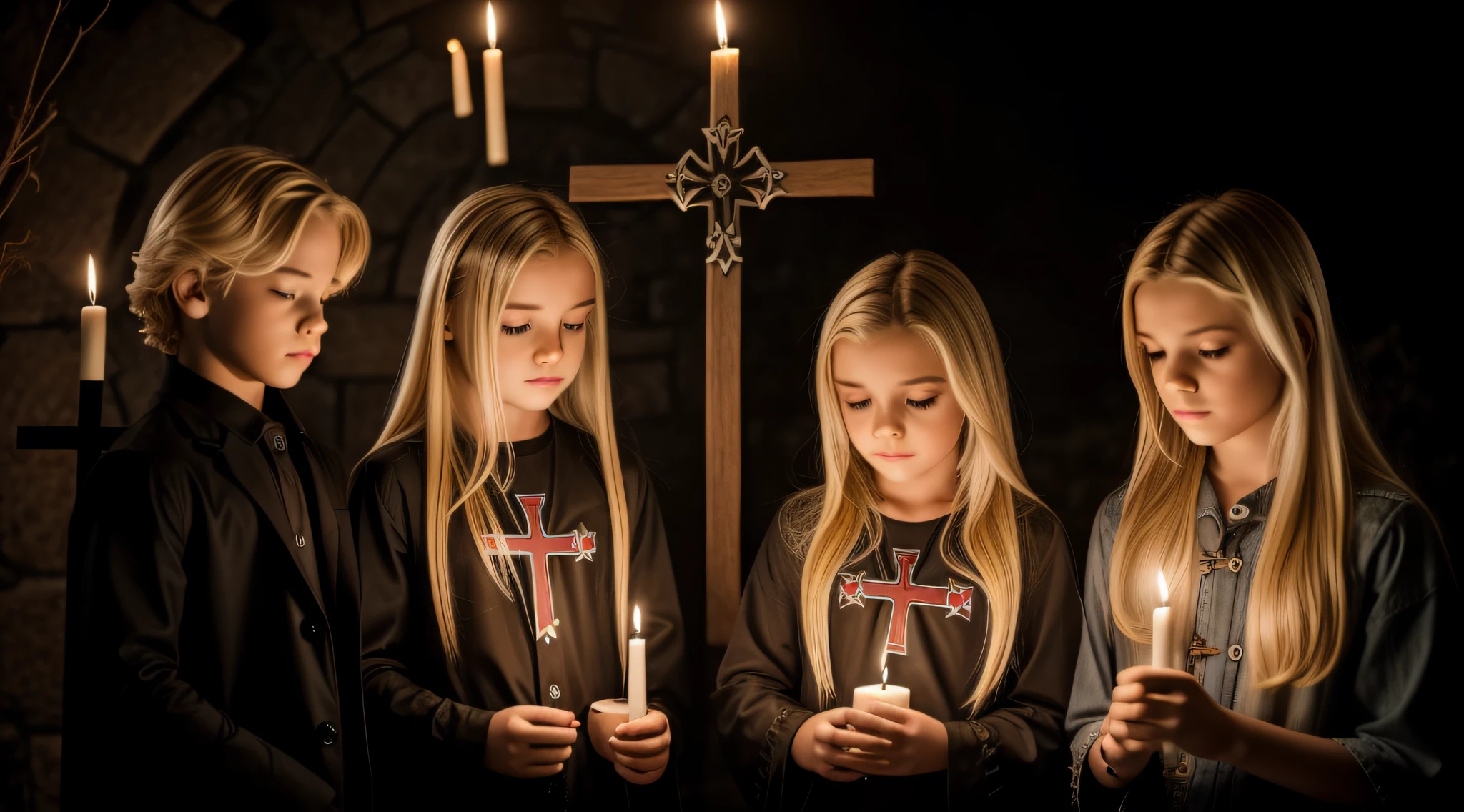 BLONDE KIDS CABELO LONGO, GOTHIC CROSS, CRUZ, CROSSES WITH LIT CANDLES in hand.