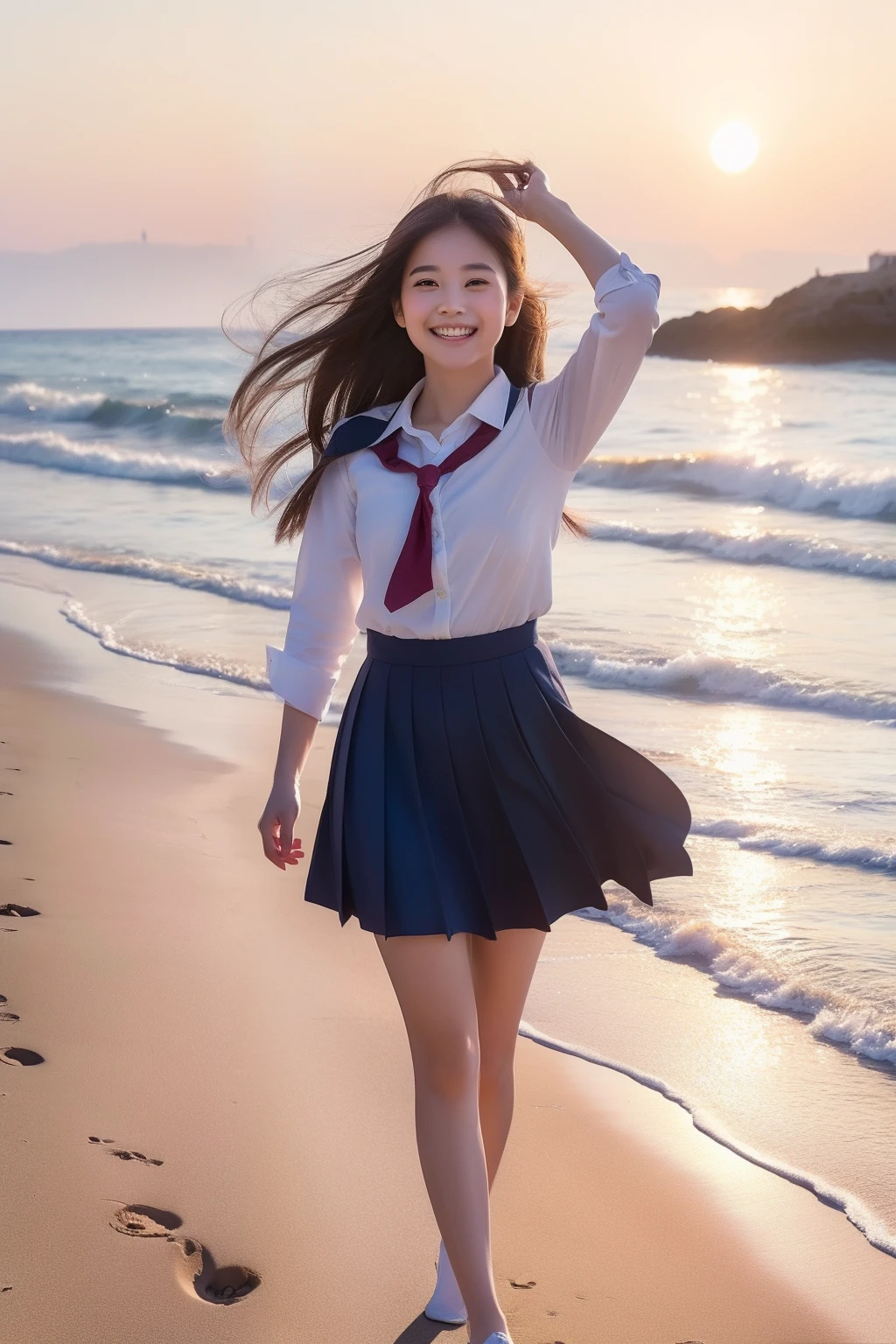 (top-quality、8K、32K、masterpiece)Beautuful Women、Smiling、in school uniform、Sunset,sea side、Hair fluttering in the wind、Walking along the sandy beach