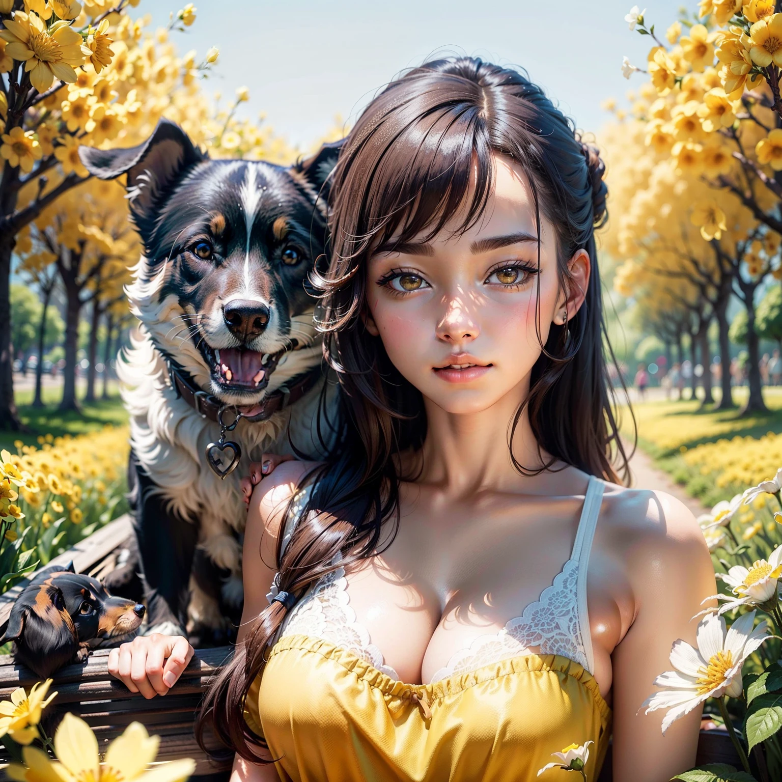 Prompt: An extremely attractive girl, along with her adorable puppy, enjoys a lovely spring outing surrounded by beautiful yellow flowers and natural scenery. High-resolution illustrations in 4k resolution, with highly detailed facial features and Japanese-style images