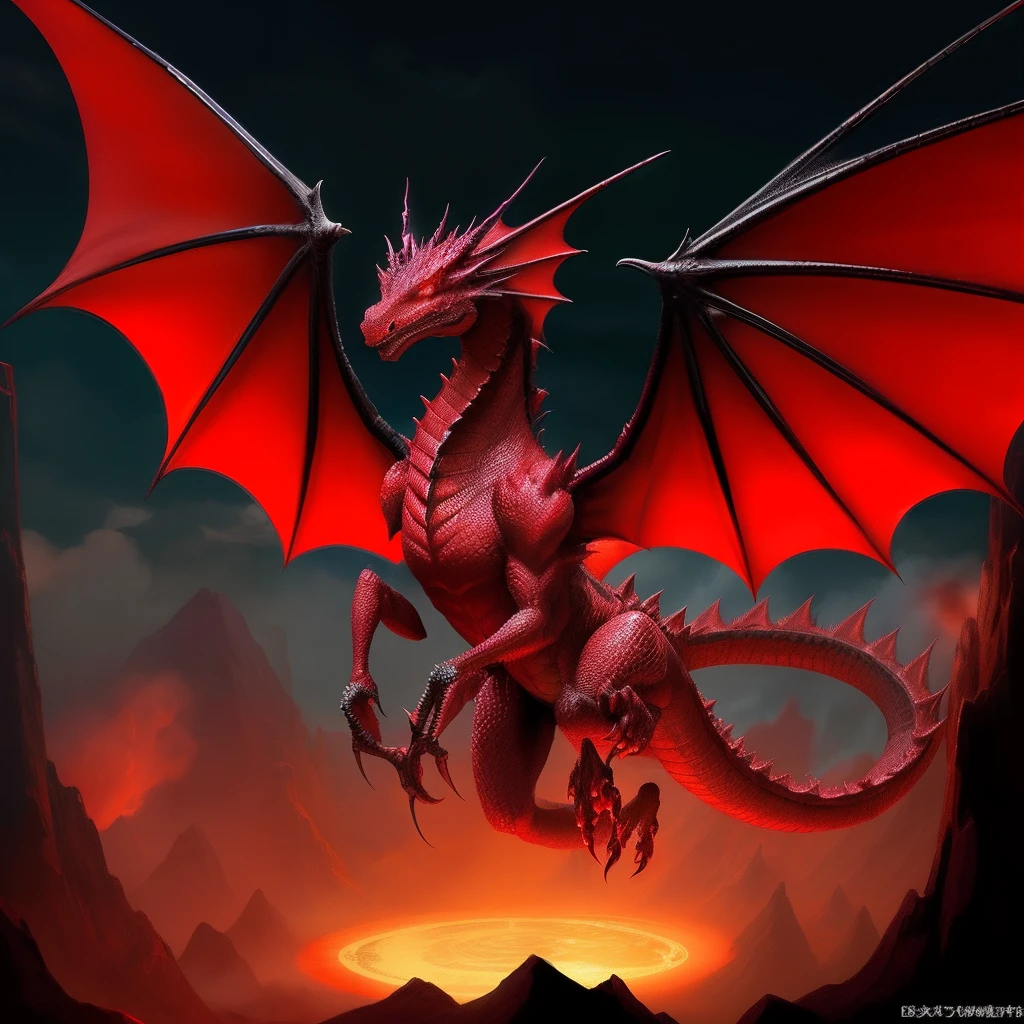 Fantasy red dragon with open wings, sol ao fundo preto, quatro patas, Full dragon with all wings appearing uncut in the image, sem cortar as asas