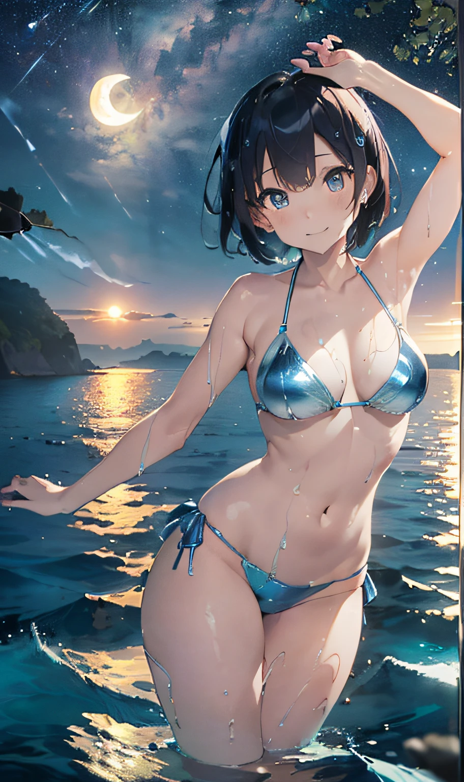 (Master masterpiece、The ultra -The high-definition、extremely fine and beautiful、Ultra-high power of 8 kilometers:2)、(Girl getting wet:1.4)、(looking at another:2)、(Clarity Metallic Blue Bikini:2)、(Transparent skin:1.6)、(short tail hair:1.8)、(Beautiful eyes:1.8)、、(Nominal body type)、(Glamorous:1.4)、(musculature:1.4)、(Thin thighs:1.6）、(Thin leg:1.6)、(A smile)、perfectly proportions，Correct anatomy、Good anatomy、(Moon and Milky Way:1.4)、(Dynamic Angle:1.6)、(sexypose:1.8)、(the ocean at night:1.6)、()