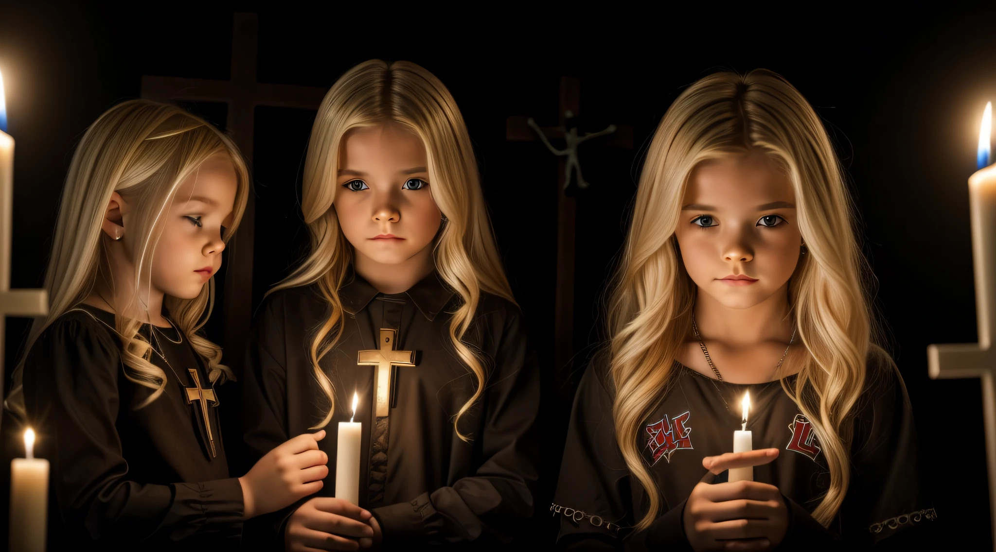 BLONDE KIDS CABELO LONGO, GOTHIC CROSS, CRUZ, CROSSES WITH LIT CANDLES in hand.