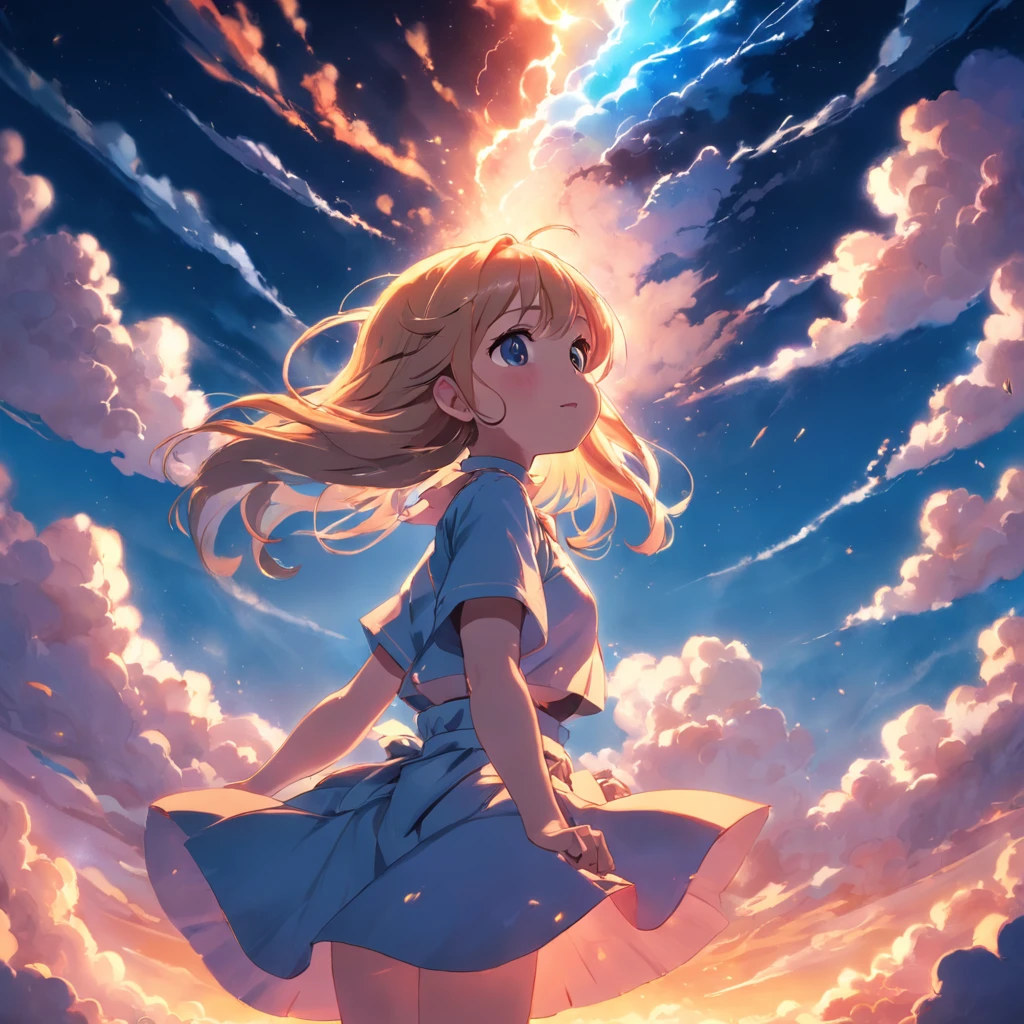 masterpiece, best quality, movie still, 1girl, cloud girl, floating in the sky, close-up, bright, happy, warm soft lighting, sunset, (sparks:0.7)