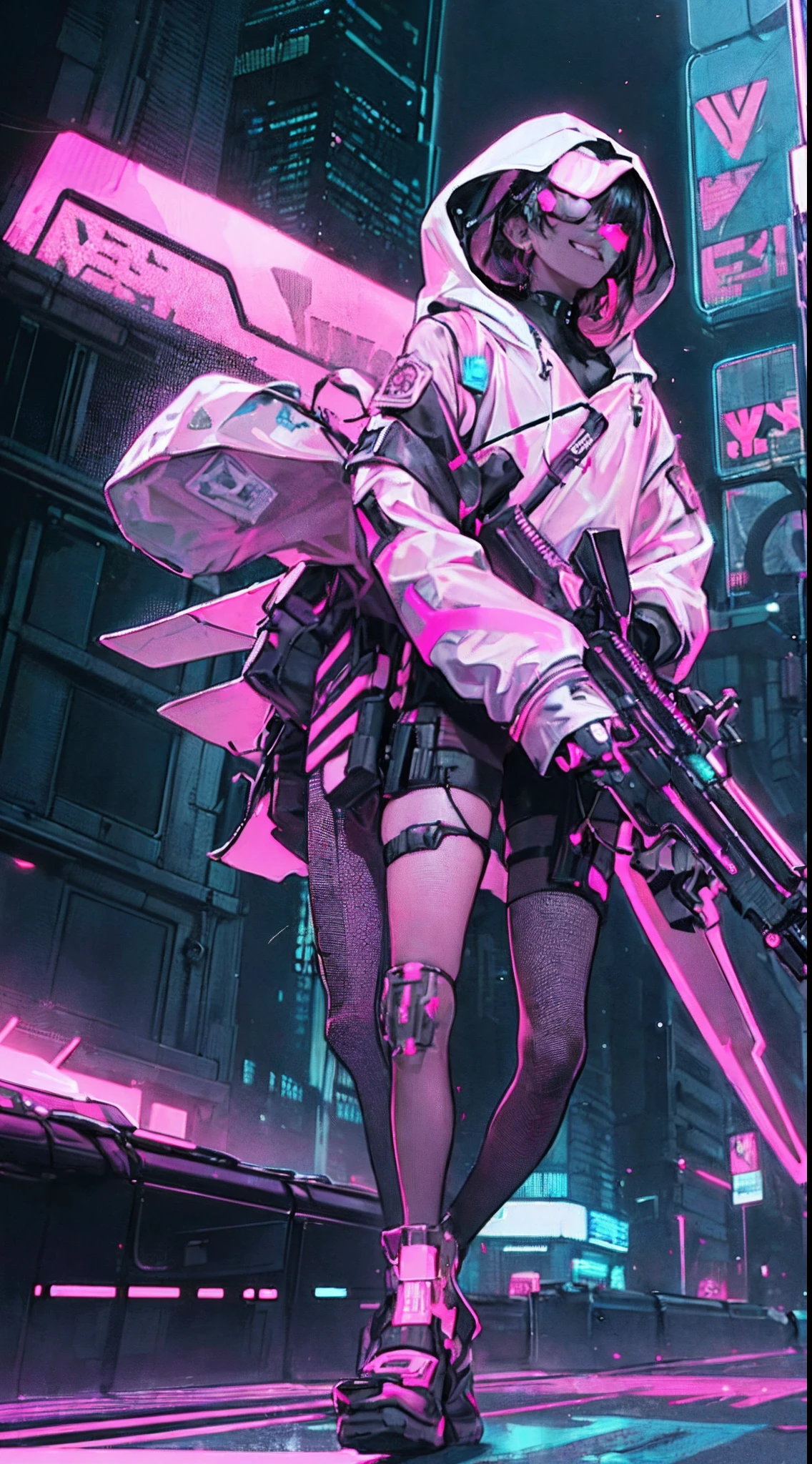 1 boy、(a handsome man:1.4)、(Man 6 feet tall)、(confident grin:1.2)、(Full body military armament:1.3)、Short hair、(an eye patch)、(Black hair)、Toned body、muscular male、(Top image quality)、(8K picture quality)、(cyberpunked)、(masutepiece)、(Wearing a military uniform with a shiny cyberpunk hood)、(confident grin:1.2)、(Full body photo)、(An excessive amount of glowing flowers fly:1.5)、cinematric light, Cinema Shadow, Sharp Image, Extremely detailed, Volumetric, Bright sprites, particles effect, beautiful effects, Vivid colors, neons, (Pink neon light:1.5), Highly detailed image textures, detailed hairs, Detailed face, Detailed eyes, Full body photo, city、Dark hair、Sparkling red aura、Photo from the knee up、beautiful effects, Vivid colors, Highly detailed image textures, detailed hairs, Detailed eyes,(Cyberpunk cityscape:1.5)、