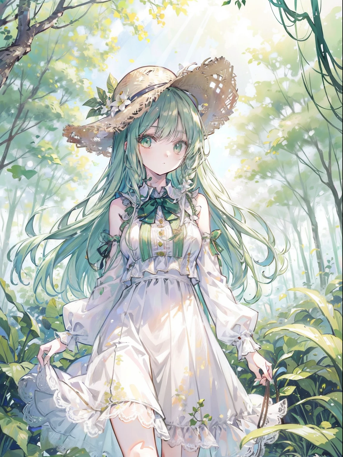 tmasterpiece，HighestQuali，1girll，Light green hair，long whitr hair，Green eyes，a white long skirt，medium boob，Straw Hat Hat，ln the forest，Foliage，florals，rays of sunshine，rios