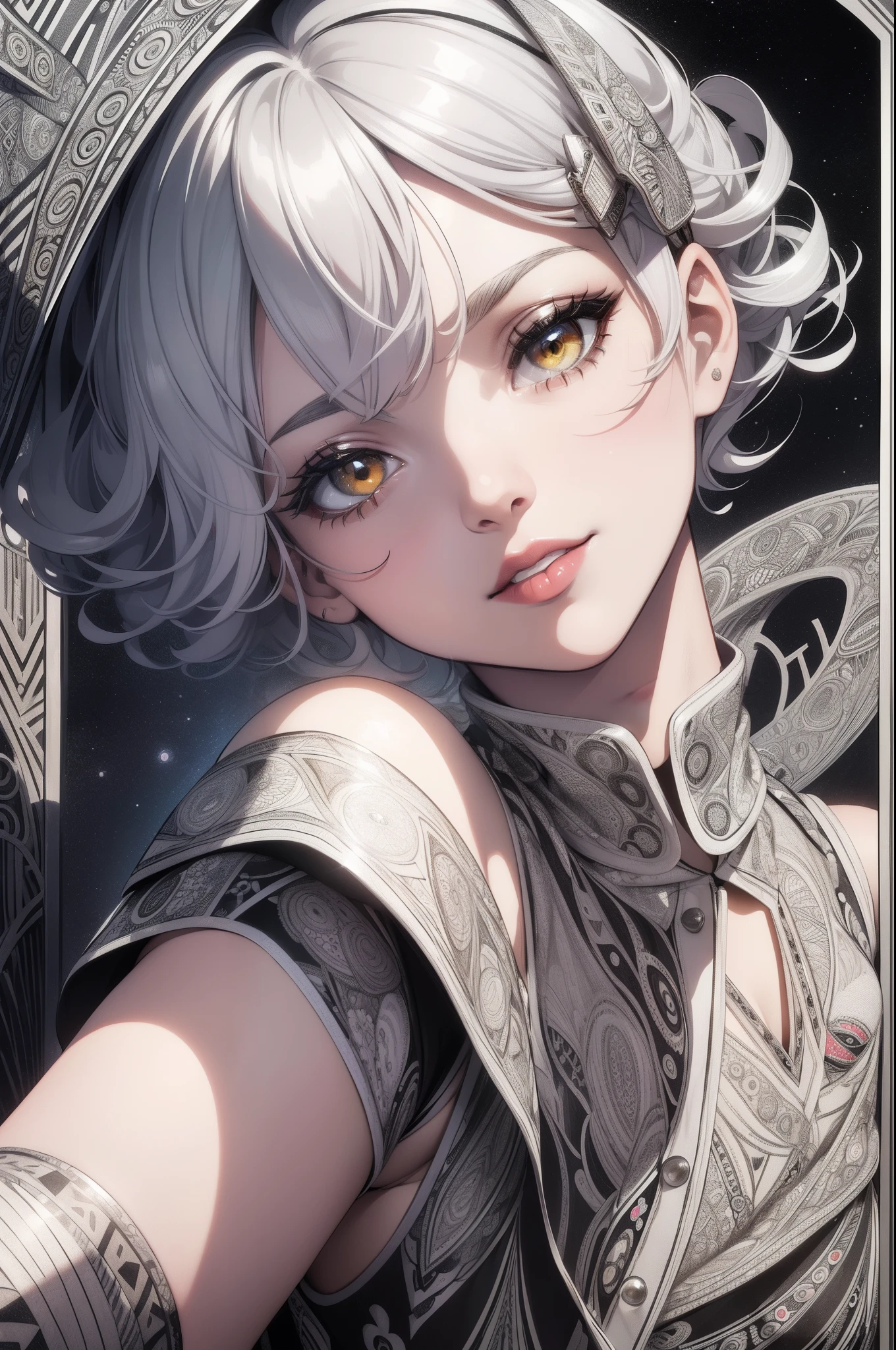 (masterpiece), (Best Quality), (zentangle paper art background:1.4),(a girl), ((close-up of face)), (smiling), (best angle), Looking to the Viewer, Contemporary Girl)，(Big yellow crystal eyes), (round red lips), (very very Short silver Hair:1.5), (Art Deco illustration:1.4),(wearing black and white border shirt), (Reasonable design, Clear lines, High Sharpness,Best Quality, Very detailed, masterpiece, Movie Light Effects, 8K ), ((3D)), cool, model, vogue, fashion photo,
