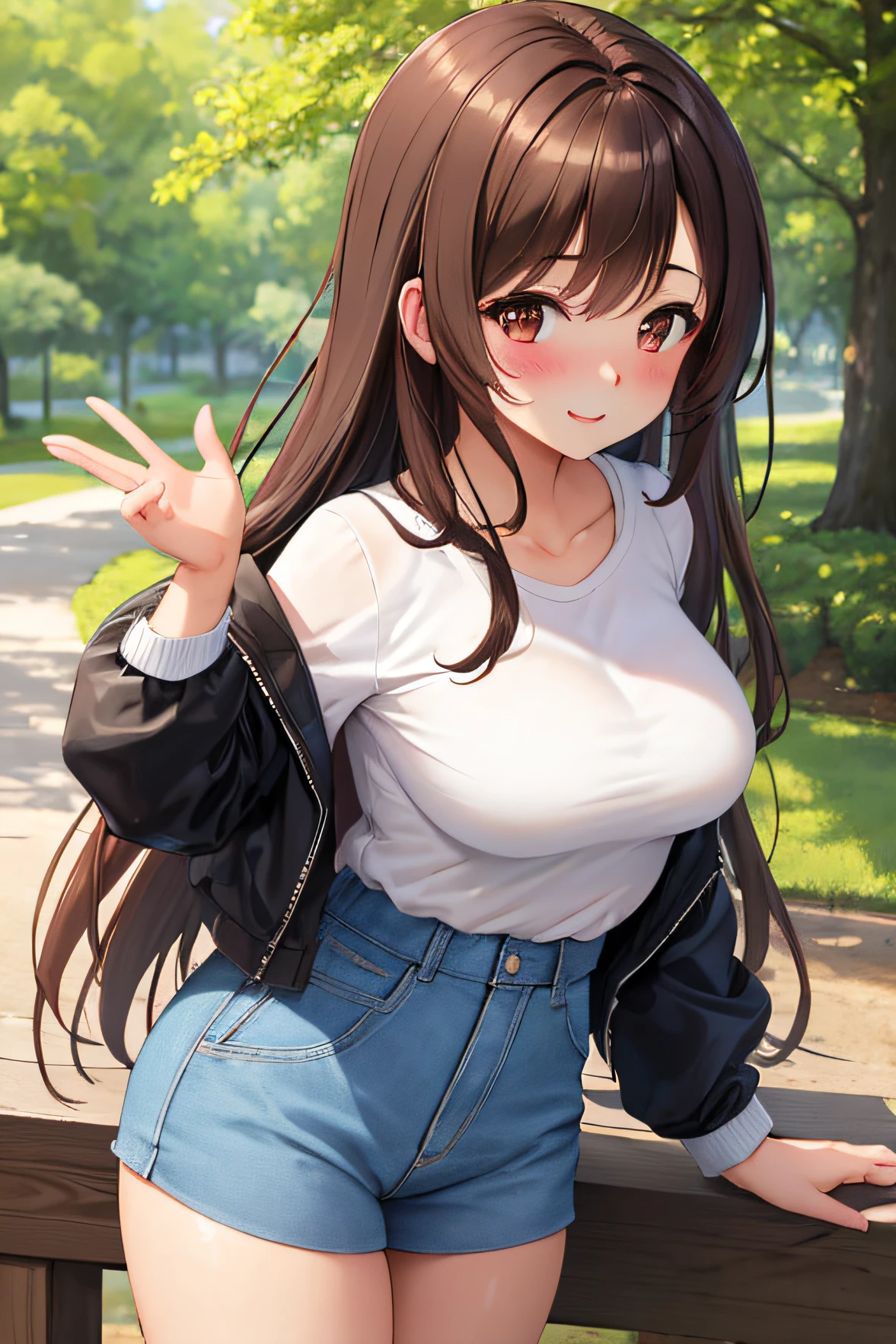 (masterpiece), (best quality), (ultra detailed), 1girl, ssexy pose, blush,medium breasts, casual clothes, happy, looking at viewer, large hair, brown hair, in the park with trees, shy