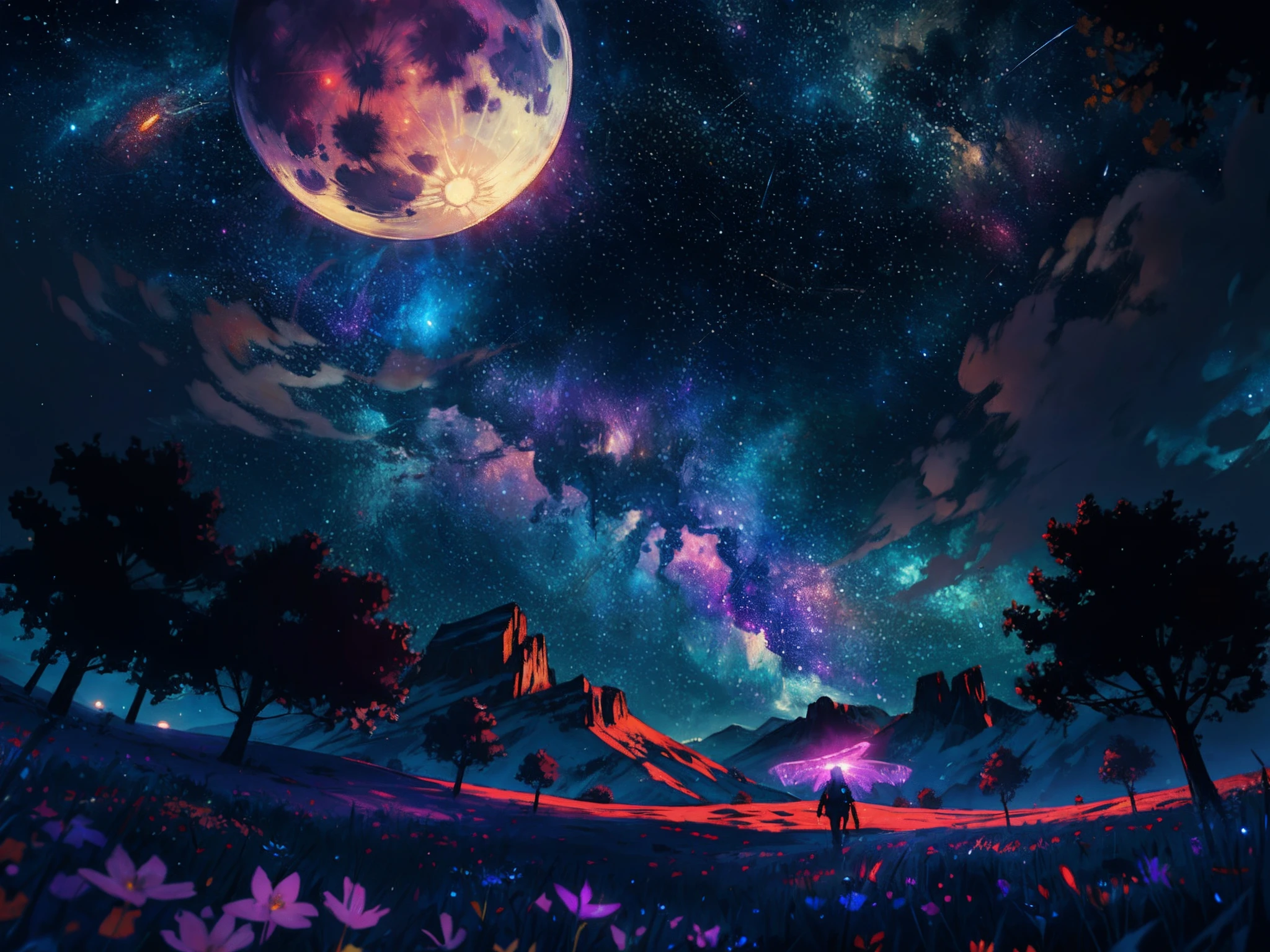 expansive landscape photograph , (a view from below that shows sky above and open field below), a girl standing on flower field looking up, (full moon:1.2), ( shooting stars:0.9), (nebula:1.3), distant mountain, tree BREAK
production art, (warm light source:1.2), (Firefly:1.2), lamp, lot of purple and orange, intricate details, volumetric lighting BREAK
(masterpiece:1.2), (best quality), 4k, ultra-detailed, (dynamic composition:1.4), highly detailed, colorful details,( iridescent colors:1.2), (glowing lighting, atmospheric lighting), dreamy, magical, (solo:1.2)