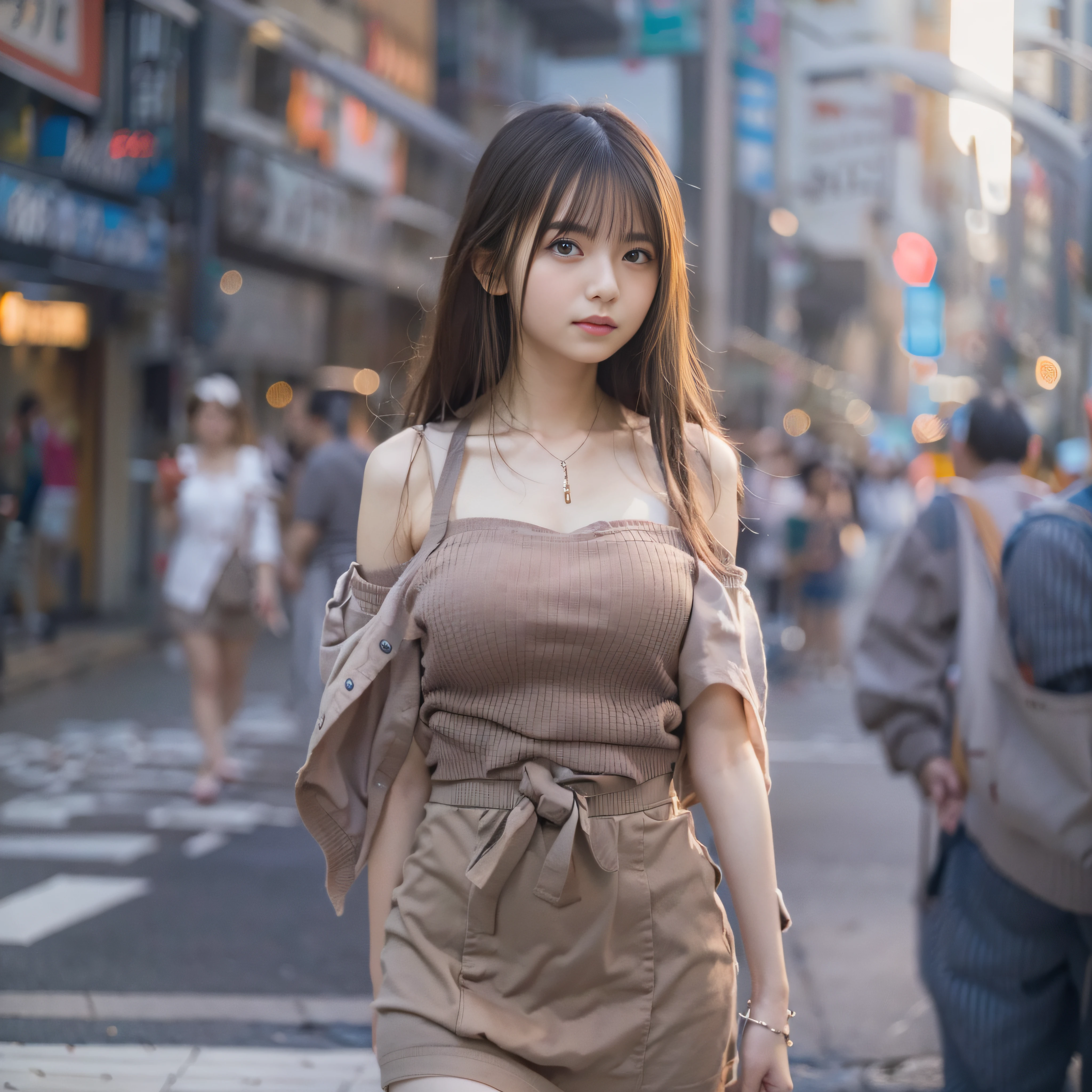 女の子1人、on tokyo street、A city scape、The upper part of the body、a closeup、A smile、、(8K、Raw photography、top-quality、​masterpiece:1.2)、(realisitic、photoRealstic:1.37)、Highly detailed eyelash drawing、(((Top image quality))),Colossal tits、Fine skin, (Beautiful hair), (Perfect Anatomy), (Realistic), (Dynamic Angle), Pose Seductive,Perfect,Sensual look、top-quality、hight resolution、