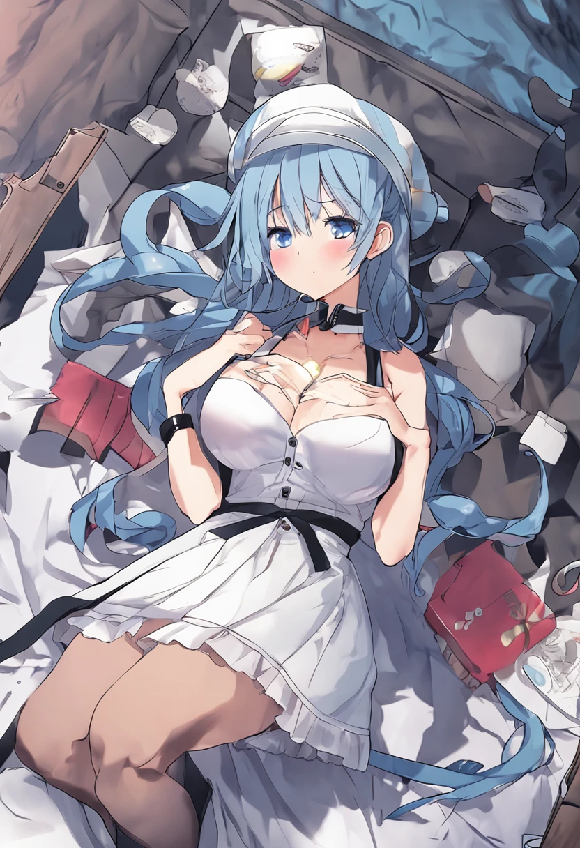 best quality, masterpiece, huge_filesize, real, mesugaki, medium hair, light blue hair, endured_face, blue eyes, large , breastsr shirt, transparent underwear, black thighhighs, spread legs,