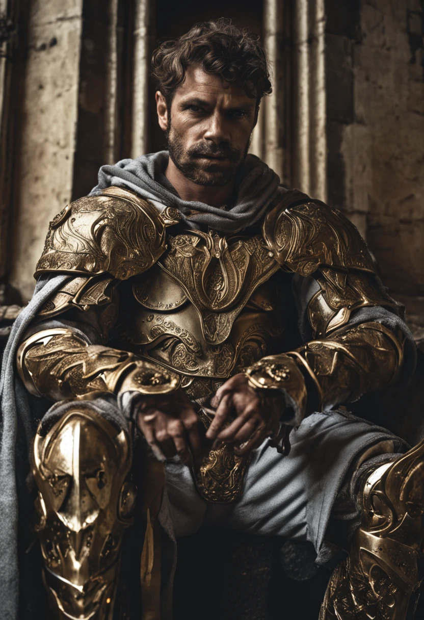 1 man,(sit astride),Masterpiece, Absurd, Award-winning photo, Extremely detailed, Amazing, masculine details, Extremely detailed eyes and face, author:Lee Jeffries Nikon D850 Film Stock Photography 4 Kodak Portra 400 Camera F1.6 lens rich colors hyper realistic texture realistic lighting dramatic lighting unrealengine trend in artstation cinestill 800 tungsten, Young man, strong looking(( Archangel Warrior 1), large wings (1 Angel warrior big wings, cherubs in a gold armor and accessories, Golden wings, wearing AGF:1.1), (Redshift style:1.1), (Style, Realistic, photographed, professional, High contrast, 1boys, sit astride,Crotch view,expressive look, hdr, Highest quality, Sharp focus, looking at viewert, Facing the viewer, 8K, Blue eyes, Wearing (Male paladin_glam armor, armor decorated with jewels, paladin armor: 1.15), Final Fantasy XIV setting, ultra sharp resolution, Cinematic lighting, Sharp focus, (illustration: 1.1), Intricate,1 Archangel, Short-haired Catholic, wearing a robe and armor, sit astride,spread their legs,Golden, Silver, and broze, pondering over one with swords, Golden Hoop Stick, church in classical style, columns detail Corinthias poorly lit, hall bright lights, flashing lights,