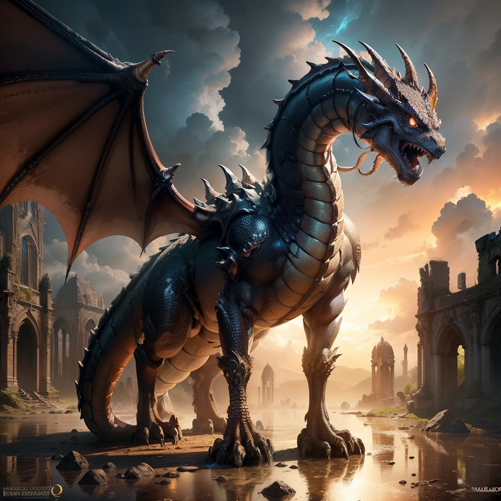 (Numerous award-winning masterpieces, With incredible detail, textures and maximum detail), (hyper realistic:1.4), (European style black dragon), (European style red dragon), (European style dark brown dragon), (Dragon Tamer and European Style Dragon 2 Full Body Photo Shot: 1.8), (Realistic:1.3), (Partee superior do corpo para cima:0.3), (melhor qualidade de pele textura real), (finely detailed true circle eyes), (Finamente detalhado e bonito rosto:1.6), ((mundo medieval)), (dragon tamer:1.6), (Great dragon trained European style: 1.8), (retrato de corpo inteiro:1.5), (The dragon's eyes shine brightly from the inside), (Tamer tem alegria nos olhos e um sorriso feliz no rosto: 1.3), (Dragon Tamer and European Style Dragon 2 Full Body Photo Shot: 1.8), (dramatic light), (A majestic sight), (simples, small finely finished whistle hangs from the coach's neck), (European-style dragon with large wings behind shoulder: 1.8), (Tamers wear sturdy leather armor with elaborate patterns: 1.2), Brincos com uma atmosfera sagrada de arteesanato refinado, Followed by European style dragon just behind, (((dramatic photo))), ((dramatic pose)), (foto extravagante), ((procura para cima)), ((olhando para baixo)), (gives full body standing image:1.5), Old ruins infested with plants, Grande Templo, grande catedral, Great Sanctuary, temple ruins, templo destacado, Ruins of an ancient castle, Deserted ruins, ruined ruins, Ancient ruins with clear water, Wavelets, flowing water Masses of majestic bright clouds and sky, epic realistic, desbotado, arte, (Greg Rutkowski:0.8), (teal and orange:0.4), (Artee Station:1.5), cinemactic, ((Cores Neutras)), (HDR:1.5), (cores silenciadas:1.2), hiper detalhado, dramatic light, (detalhes intrincados:1.1), Antecedentes complexos,