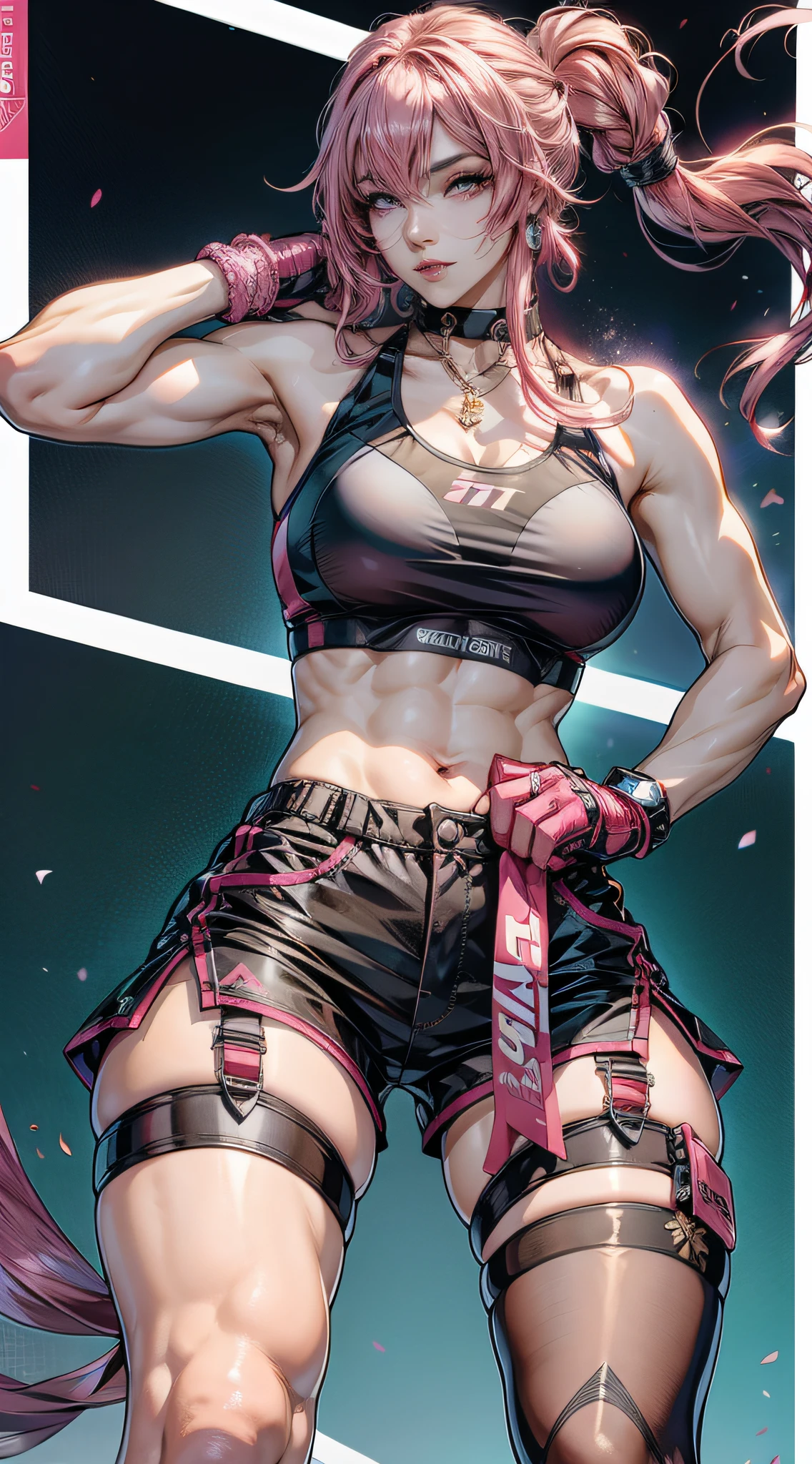 Beautiful woman, 1 girl, pink hair woman, fighting stance, black pantyhose, black gloves, sports bra, jewelry, shorts, J thighs. pink hair, drills, asymmetrical hair,