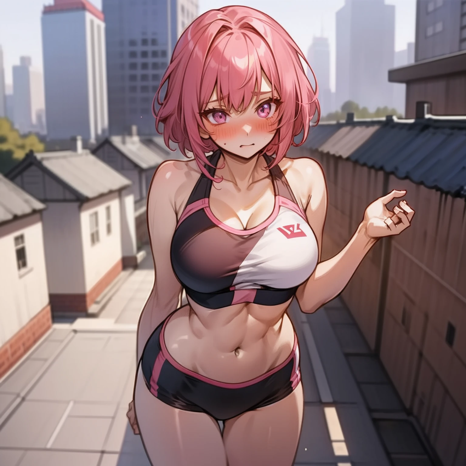 1girll,Pink hair and anime girls,, Blushing,Large breasts,short detailed hair,Masterpiece,Wear a sports bra,There is a whole body,Transformed from boys,Standing on the roof,best qualityer,Worried