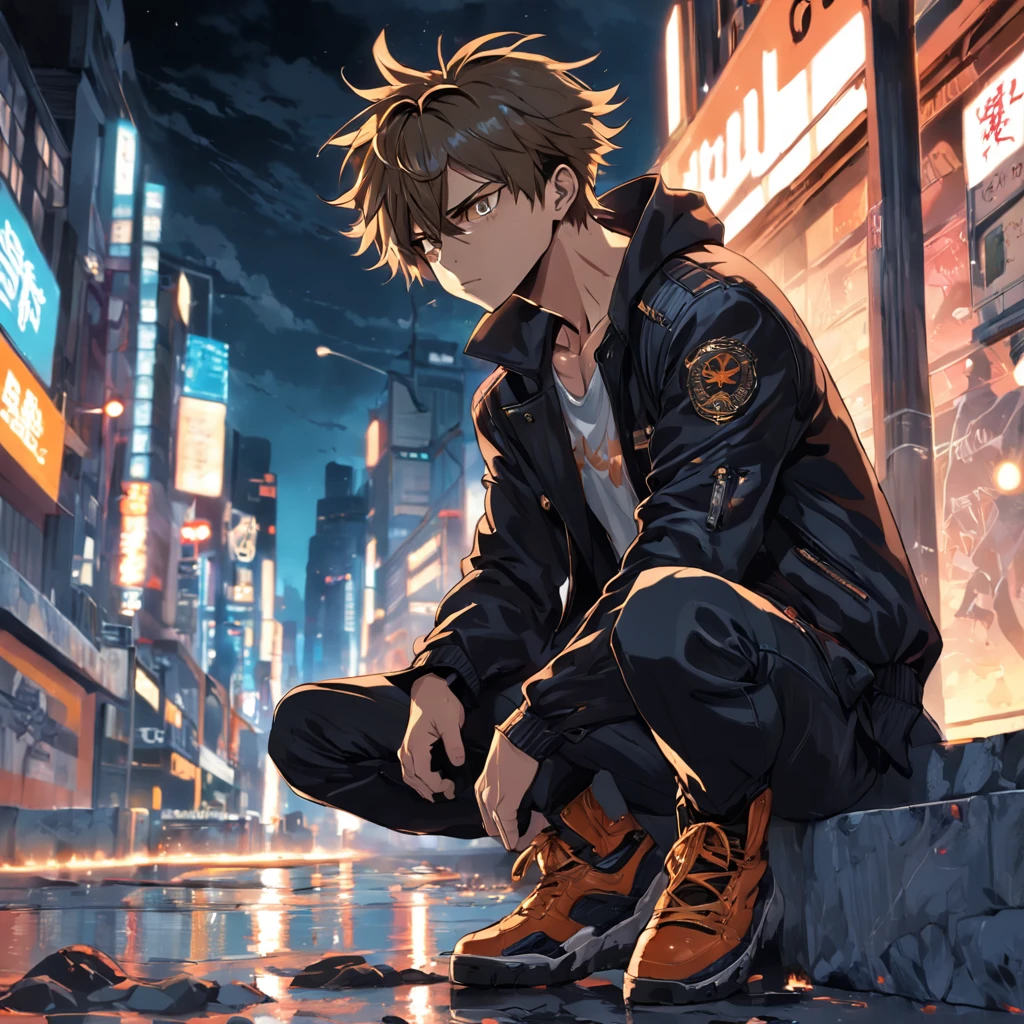obra-prima, melhor qualidade, HOMEM NEGRO, ALTO, MEIA-IDADE, JAQUETA DE COURO, Denim Jeans Pants, BOTAS DE COURO, ELEGANTE, facial expression of anger, GRITANDO, graves, PUNHOS FECHADOS, CORRENDO, AMBIENTE URBANO NOTURNO BEM ILUMINADO, PESSOAS EM VOLTA., close-up, brilhante, feliz, Soft lighting and Warm, (Sparks: 0,7)