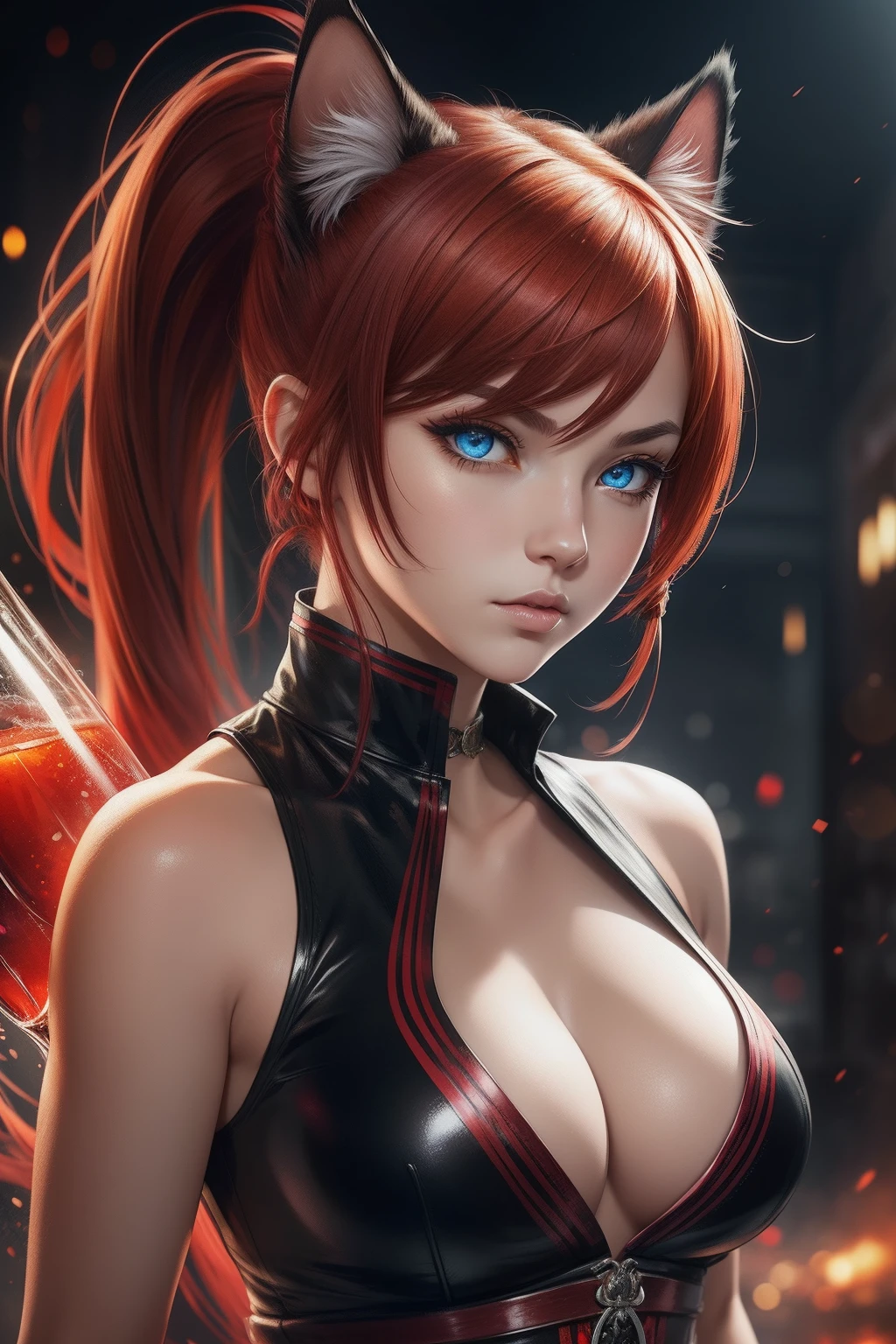 splash art, alcohol ink, masterpiece, distinct, high quality, hyper detail, cat girl, detailed portrait, wide angle,  glowing, sharpness, background detail, martial artist, short ponytails, red_hair, Ruby eyes, perfect face, perfect eyes, perfect body