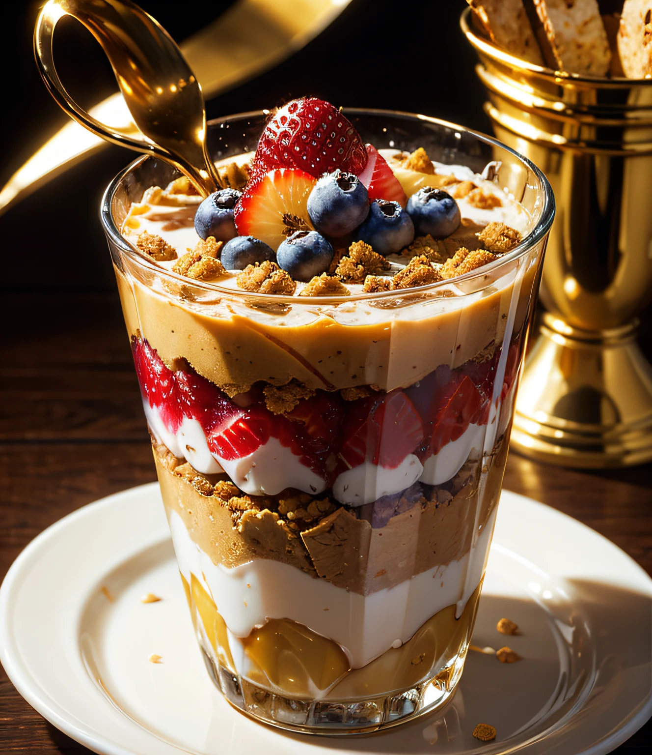 masterpiece、top-quality、top-quality、(Close-up photo of fruit-filled Japan parfait served in an elongated gorgeous golden parfait glass)、ighly detailed、colourfull、highestdetailed