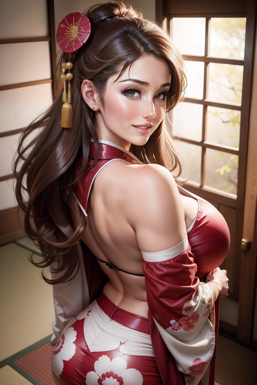 lucy pinder, portrait, back, japanese outfit, smiling, hot