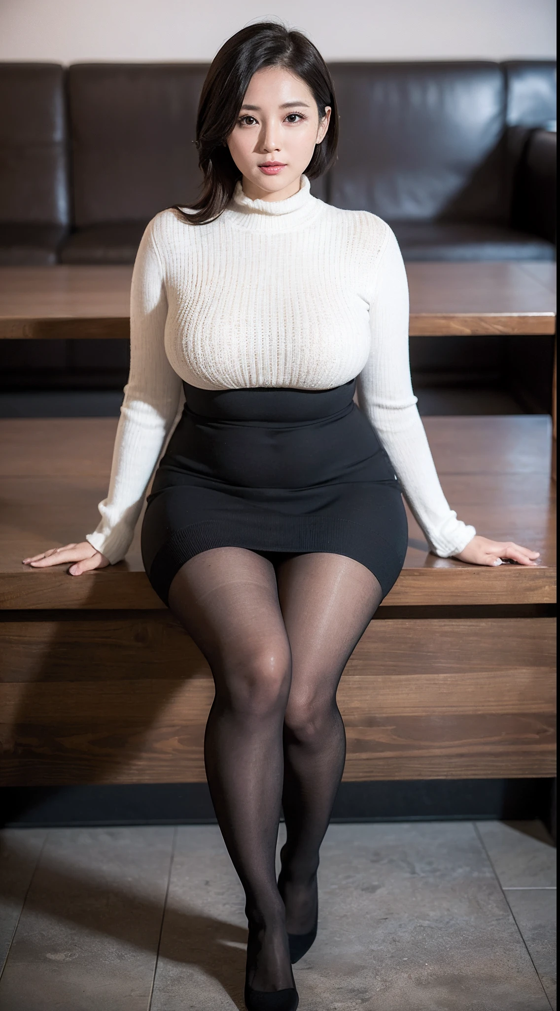 Naive 33-year-old wife、Wearing a knitted dress、(Wearing pantyhose,Realistic Pantyhose)、Sitting in an open café chair、Height 156 cm, slightly chubby figure、Japanese Models, Short Layer Hair、japanaese girl, Neat and clean Japan woman, goddess of Japan, Innocence、Raw photo, (in 8K、top-quality、​masterpiece:1.2)、(intricate detailes:1.4)、(Photorealsitic:1.4)、octane renderings、Complex 3D rendering ultra detail, Studio Soft Light, Rim Lights, vibrant detail, super detailing, realistic skin textures, Detail Face, Beautiful detail eyes, Very detailed CG Unity 16k wallpaper, make - up, (detailedbackground:1.2),　shinny skin、Exposed thighs!!!、