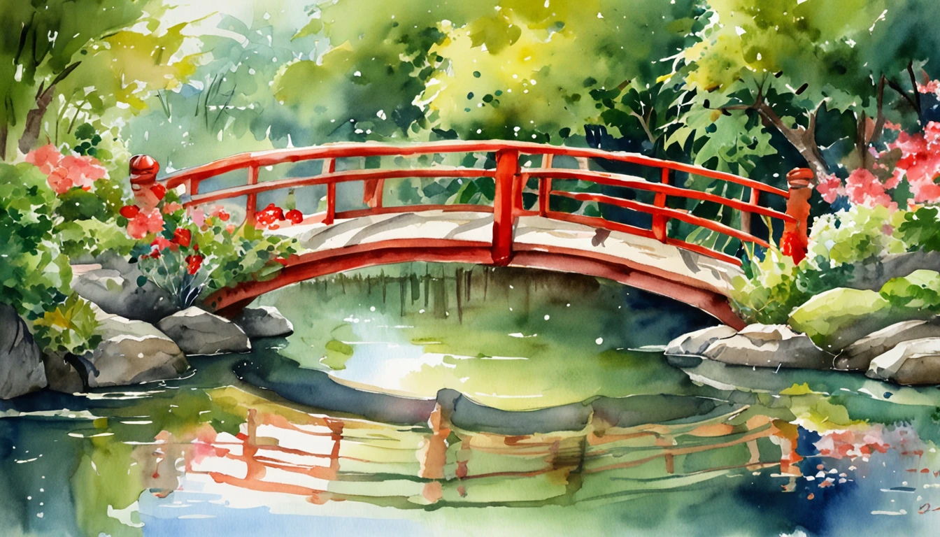 (masutepiece:1.3), ccurate, (Super detail, High details, top-quality), Best quality,( A high resolution, 8K),Japanese Garden, Big pond, Red and white carp swimming, bridge, Traditional garden, Scenery of Kyoto, Summer heat, Fresh green, A woman in a kimono feeds carp from the bridge, Feed the pond, Garden landscape reflected in the water
