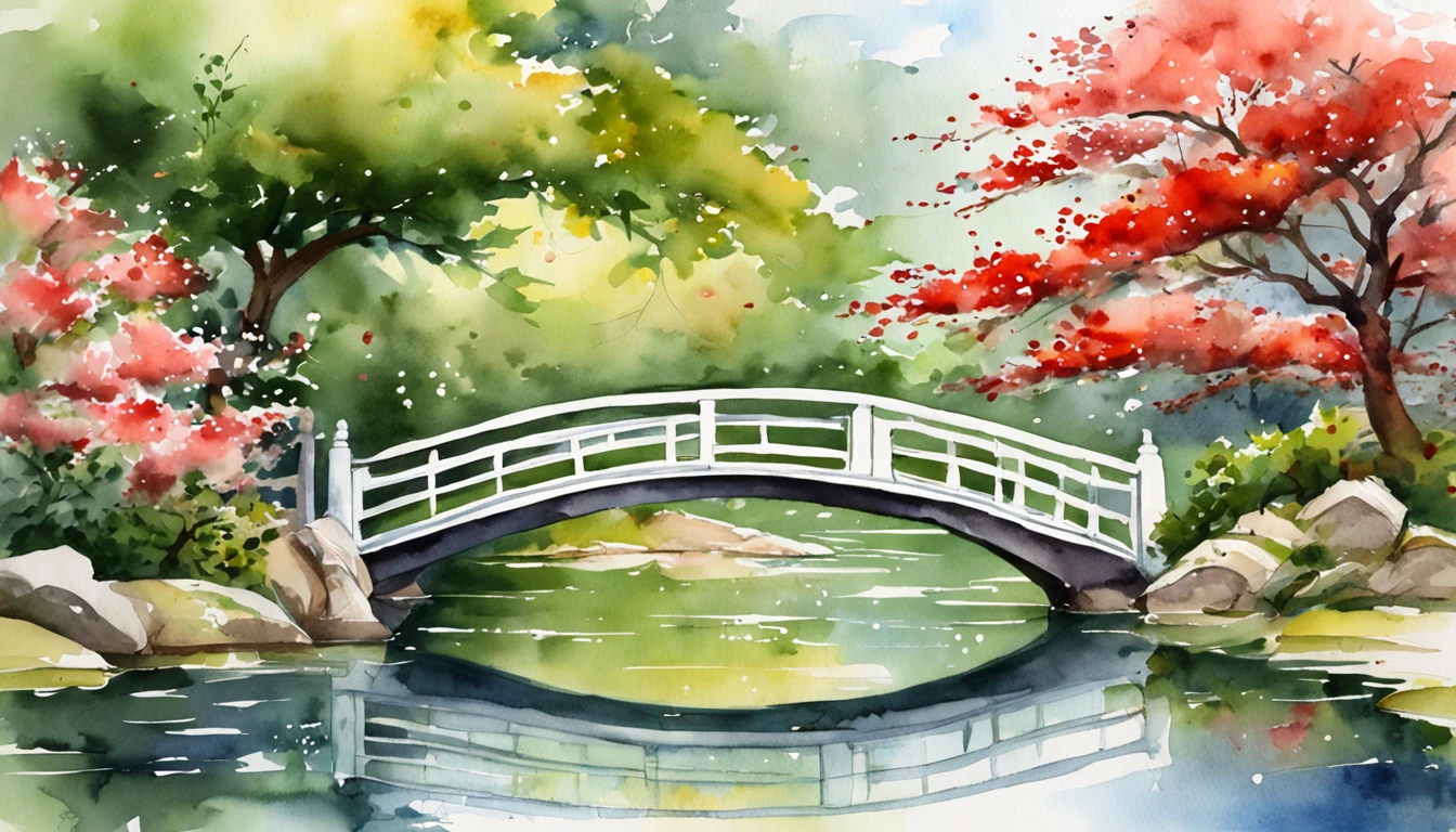 (masutepiece:1.3), ccurate, (Super detail, High details, top-quality), Best quality,( A high resolution, 8K),Japanese Garden, Big pond, Red and white carp swimming, bridge, Traditional garden, Scenery of Kyoto, Summer heat, Fresh green, A woman in a kimono feeds carp from the bridge, Feed the pond, Garden landscape reflected in the water