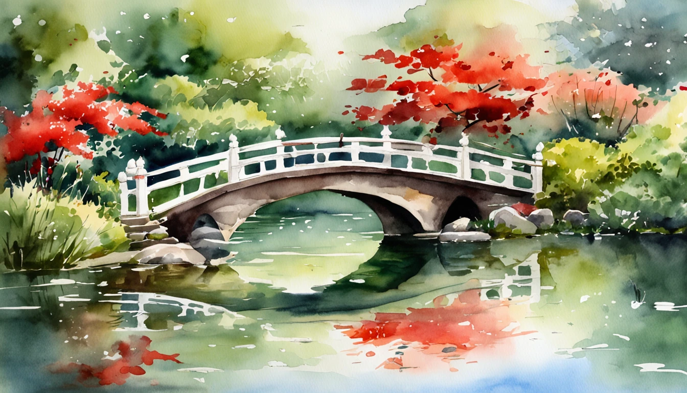 (masutepiece:1.3), ccurate, (Super detail, High details, top-quality), Best quality,( A high resolution, 8K),Japanese Garden, Big pond, Red and white carp swimming, bridge, Traditional garden, Scenery of Kyoto, Summer heat, Fresh green, A woman in a kimono feeds carp from the bridge, Feed the pond, Garden landscape reflected in the water