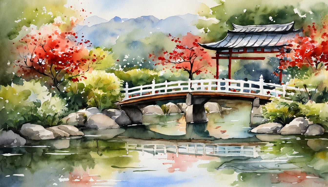 (masutepiece:1.3), ccurate, (Super detail, High details, top-quality), Best quality,( A high resolution, 8K),Japanese Garden, Big pond, Red and white carp swimming, bridge, Traditional garden, Scenery of Kyoto, Summer heat, Fresh green, A woman in a kimono feeds carp from the bridge, Feed the pond, Garden landscape reflected in the water