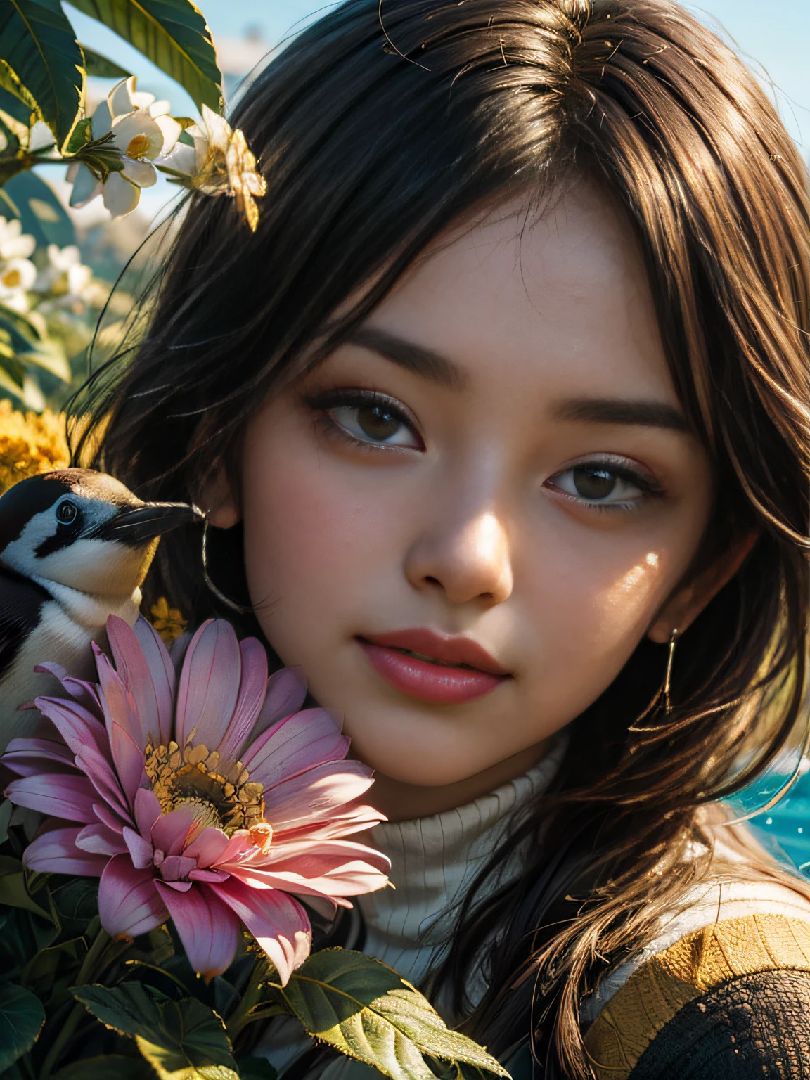 masterpiece、top-quality、top-quality、(Close up portrait of penguins in a paradise-like flower garden)、ighly detailed、colourfull、highestdetailed