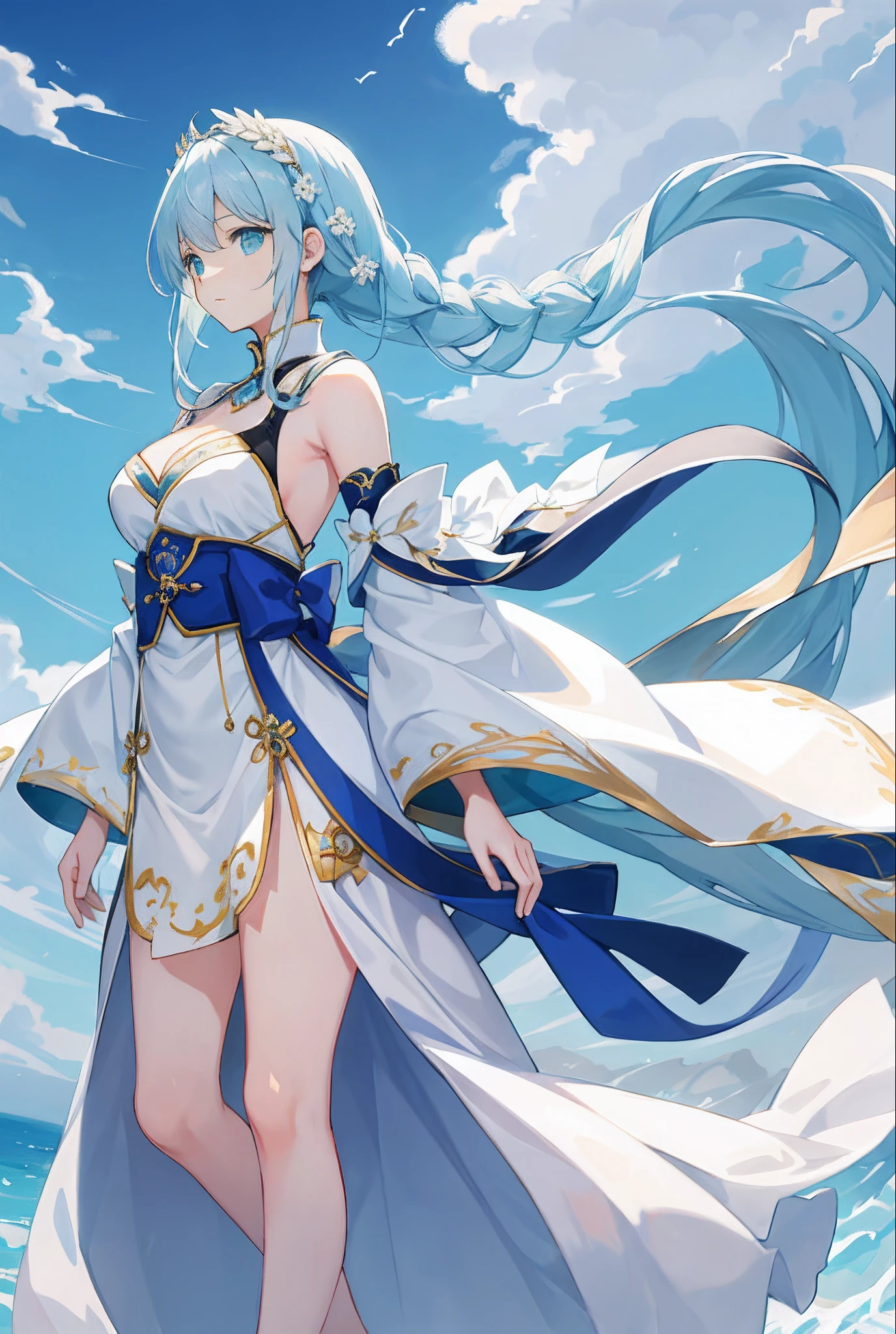 Masterpiece-level CG art,The painting style is fresh and soft。The theme is a beautiful girl with a childlike look,Cyan eyes,smooth fair skin,A neatly trimmed white coat flutters in the wind,Long white hair dangling,Hair flutters in the wind,The side braids are elegant and attractive。The unique composition of the upper body of the picture,Highlight the delicate beauty of beautiful girls,Simplicity and endless charm,huge tit,The cleavage is exposed。Black night。Royal sister。