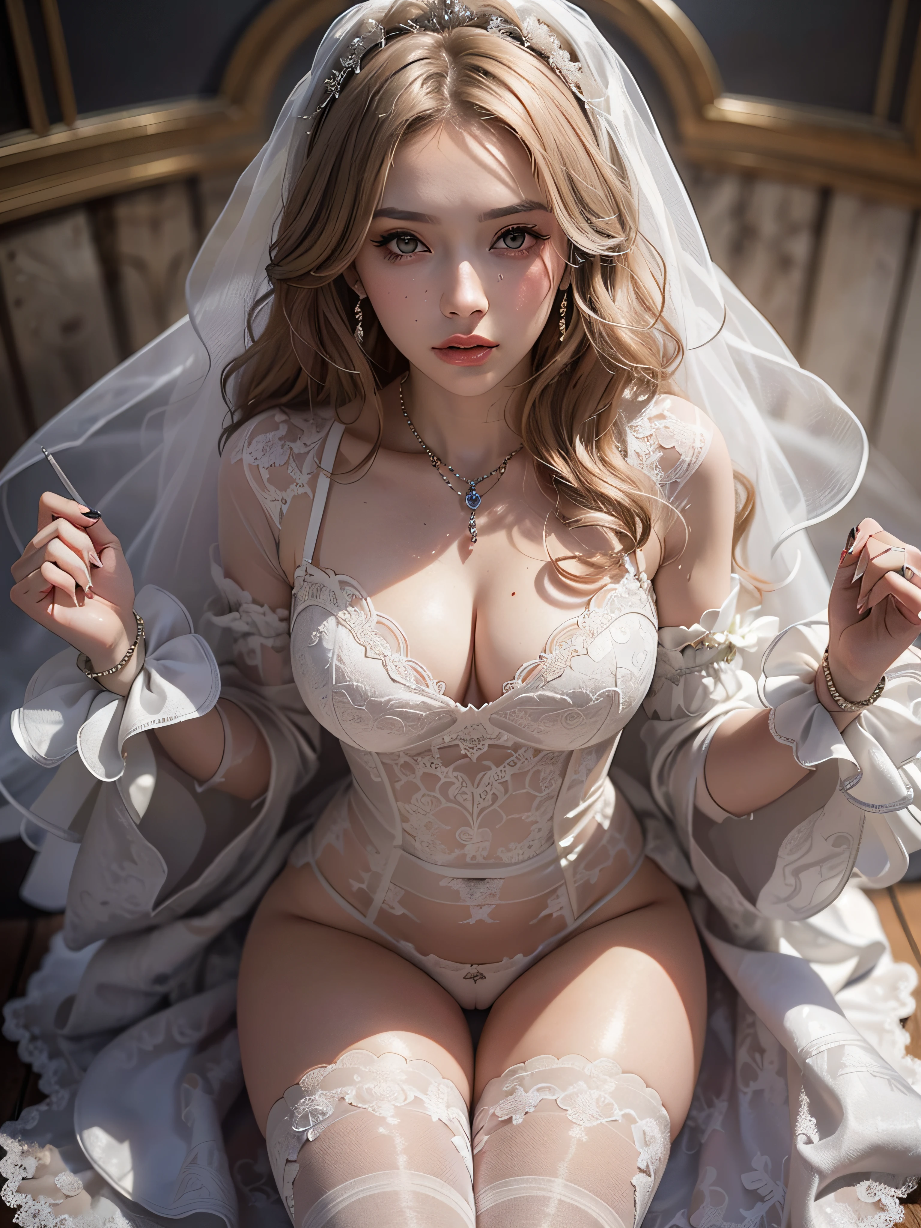 (masutepiece: 1.3), (max resolution: 1.2), (Ultra HDTV: 1.2), cinematric light, 8K resolution, Detailed eyes and skin, detailed facial features, , (Sharp Focus: 1.2）, (Focus on Face:1.2),Perfect Style, Beautiful face, acurate, Anatomically correct, Highly detailed face and skin texture, Detailed eyes, Double eyelids, Thin eyebrows, Glitter Eyeliner: 1 Natural cheeks, Glossy skin, Fair skin: 1.2, (Glossy lips: 1.4),、 (Shy look: 1.2),Highly detailed facial and skin texture, Detailed eyes, Double eyelids, Natural cheeks, , shiny lips: 1.4,Exposed cleavage、（A large amount of sperm in the chest:1.4）（Large amount of sperm in the thighs:1.2）、 red blush、humiliated、impatience、dismay、Frightened、glares、Tears、embarrassed from、Open knees、open one's legs、（Masturbation behavior:1.6）、rubbing the genitals with fingers,,,,,,, White underwear、White bra、Shiny little earrings and necklaces、Disheveled clothes、Dressing、Exposed panties、Wearing sweat、sodden、Sheer underwear、Full body like、 25 years old, Neat and clean woman 、Wavy Hair、 Semi-long hair, Big, upturned breasts, chapel、a blond、Green ash eye,(weddingdress:1.6)、veils、