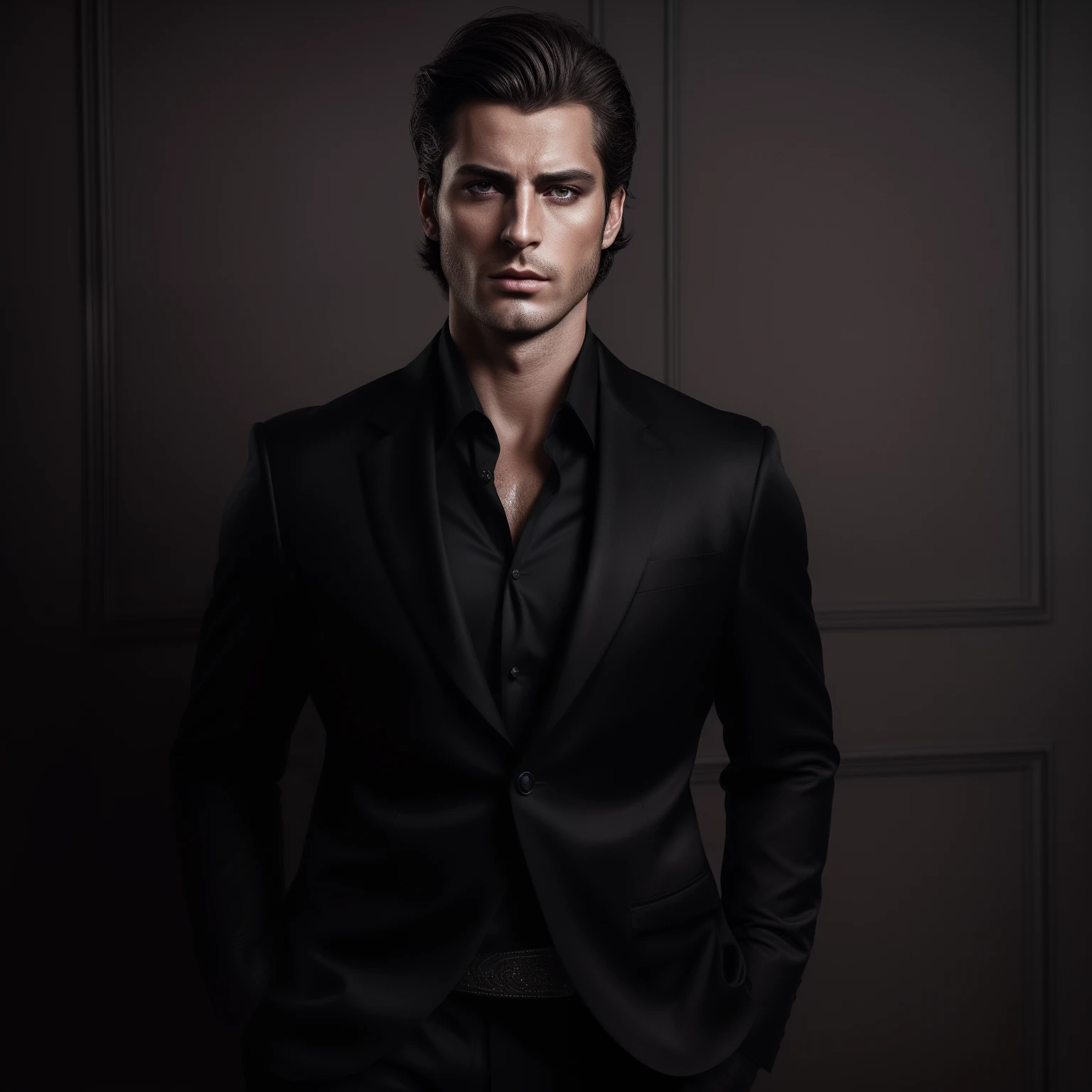 bel homme, imperious, arrogant, brune, Elegant shortcut, corps en forme, peau parfaite, costume noir, Daylight background, lighting cinematic, High quality, Photo at size 32K