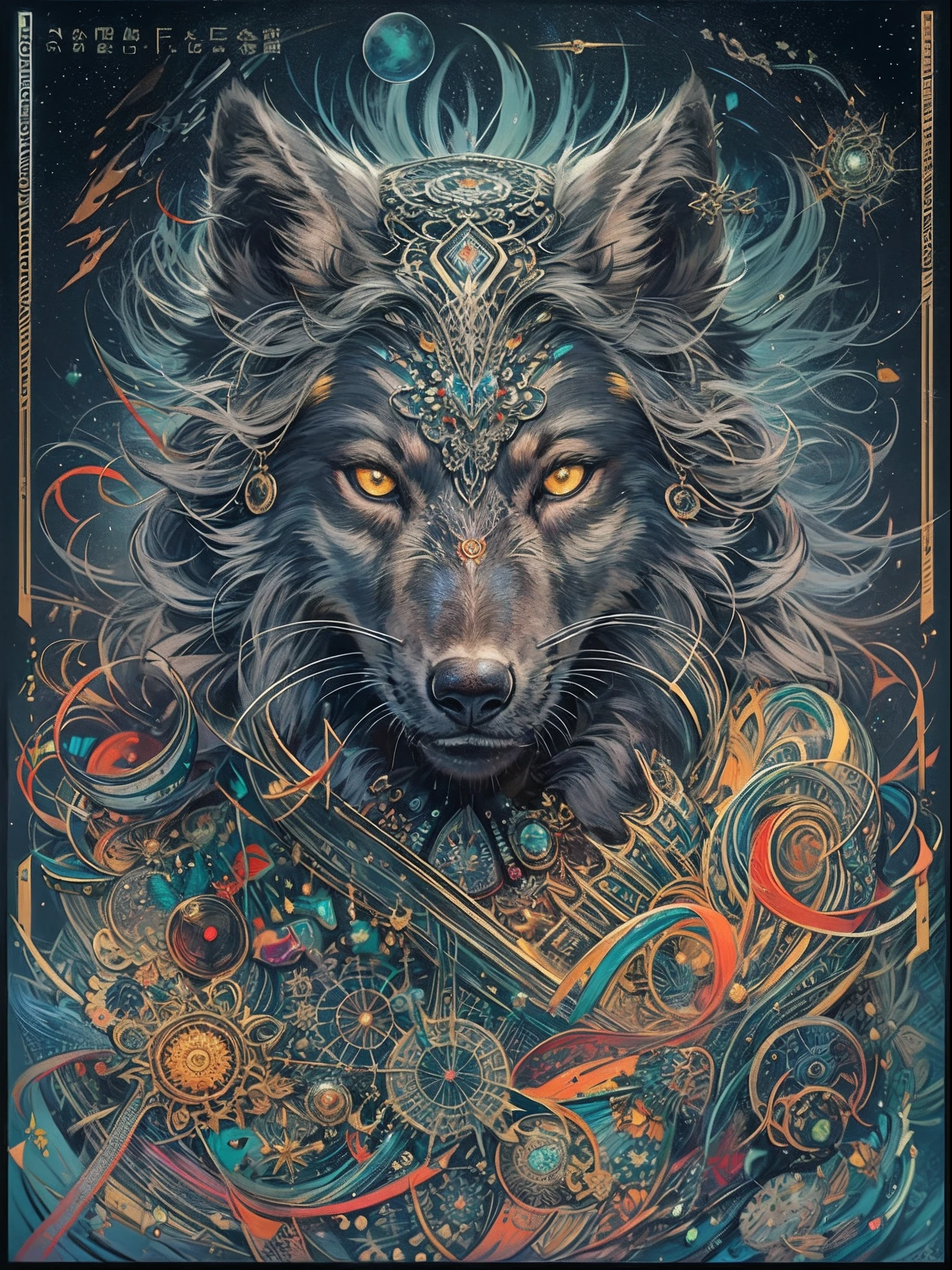 official arts, Unity 8k壁纸, Ultra-detailed, Beautiful and aesthetically pleasing, tmasterpiece, beste-Qualit, (zentangle, a Mandala, clew, meshing), (s fractal art: 1.3), 1leader Black Wolf, Extremely detailed, dinamic angle, Cowboy shot, Most Beautiful Form of Chaos, elegant, a brutalist designed, bright colours, romanticism, The Shining of the Stars, Arctic Lights