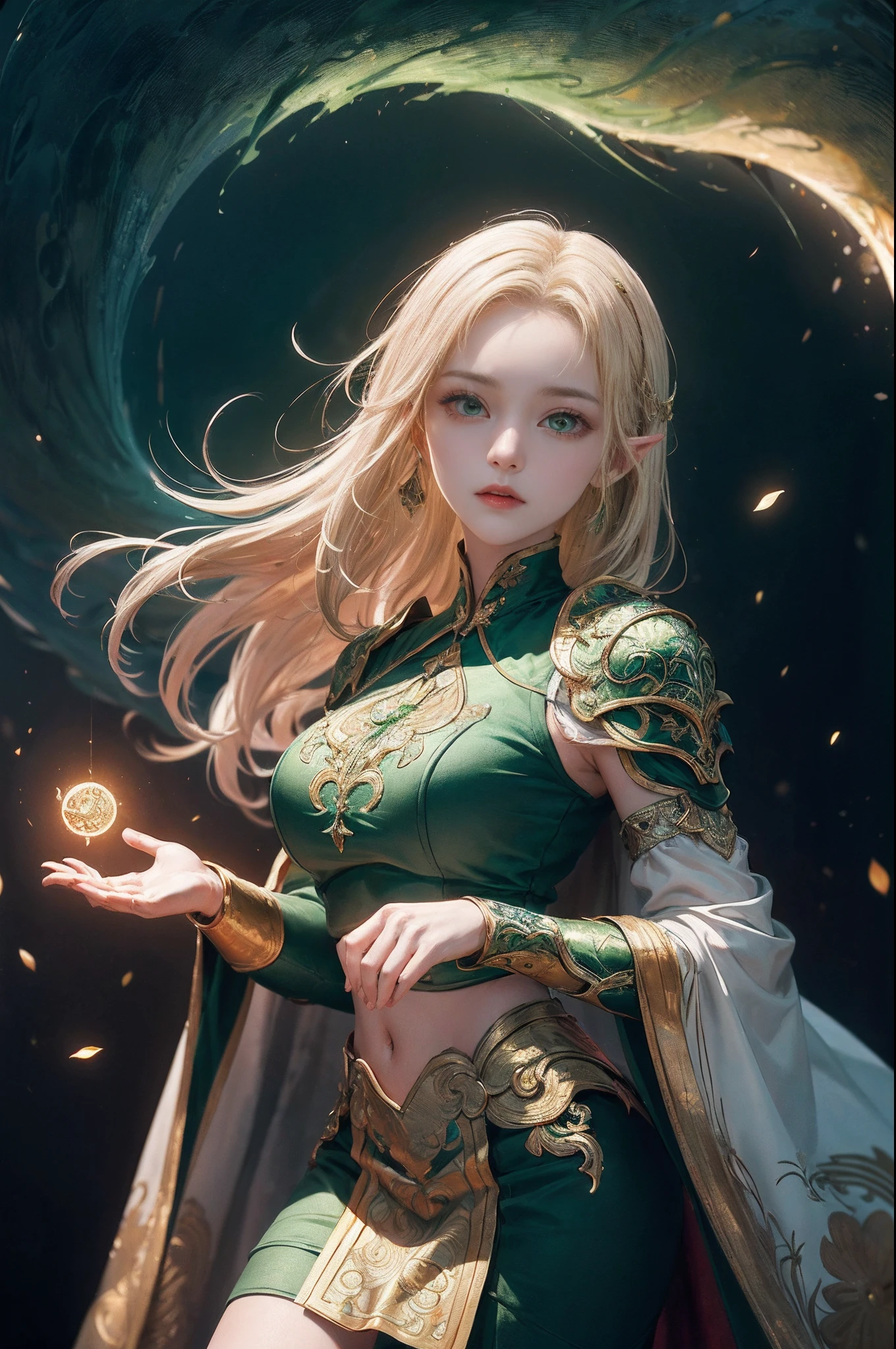 ​masterpiece, top-quality, top-quality, 超A high resolution, 8K HDR, 8k wallpaper, huge filesize, intricate detailes, foco nítido, realisitic, Delicate, astonishing, nffsw, finely detail, beautiful detail, colourfull, Fantasia、1 Elven Woman、30-years old、(Detailed face), (beautidful eyes), （beautiful countenance)、(Ultra-thin white mini skirt with gold embroidery)、(Blonde long straight hair)、(glowing dark green eyes)、(Ultra-fine green cloak armor with golden embroidery)、(Golden embroidered green gauntlet)、large full breasts、perfect anatomia、(heavy wind)、(A lot of glowing grains are flying)、(Magic Chanting)、(((Tornadoes gather in hands)))、(((Overhead circle of light with geometric pattern and letters drawn in light)))、((Lots of glowing green arrows are emitted))、((Forest Springs))、Fight the army of demons、Perfect Lighting、dynamicposes
