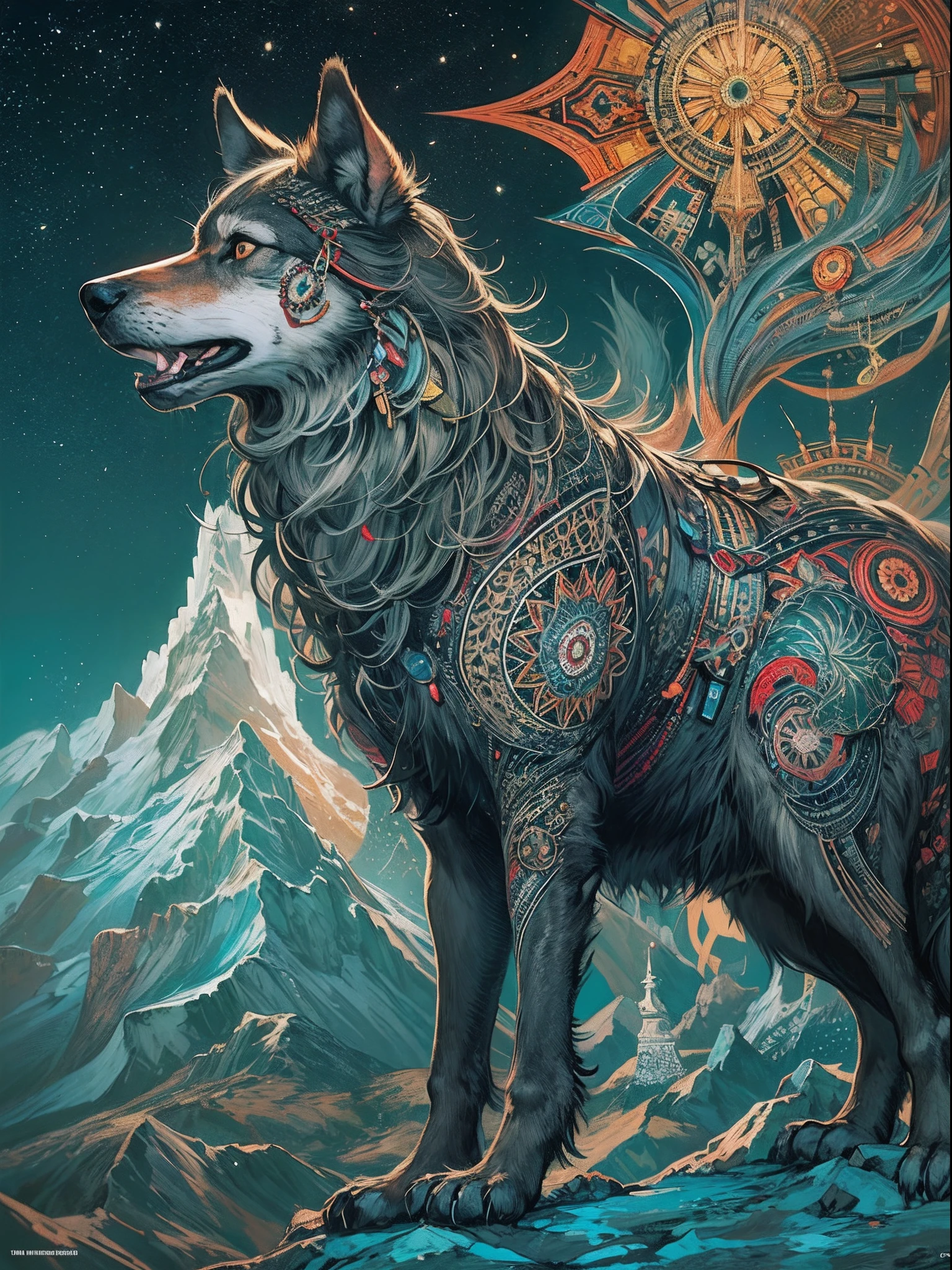 official arts, Unity 8k壁纸, Ultra-detailed, Beautiful and aesthetically pleasing, tmasterpiece, beste-Qualit, (zentangle, a Mandala, clew, meshing), (s fractal art: 1.3), 1leader Black Wolf, Extremely detailed, dinamic angle, Cowboy shot, Most Beautiful Form of Chaos, elegant, a brutalist designed, bright colours, romanticism, The Shining of the Stars, Arctic Lights