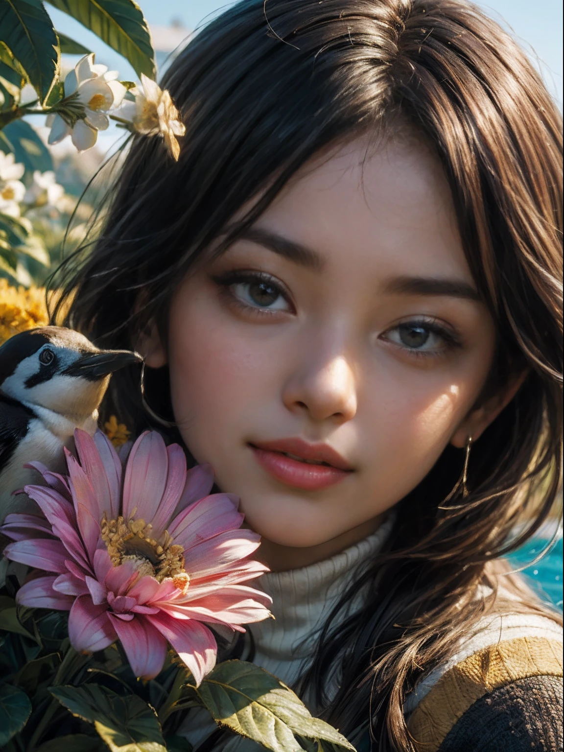 masterpiece、top-quality、top-quality、(Close up portrait of penguins in a paradise-like flower garden)、ighly detailed、colourfull、highestdetailed