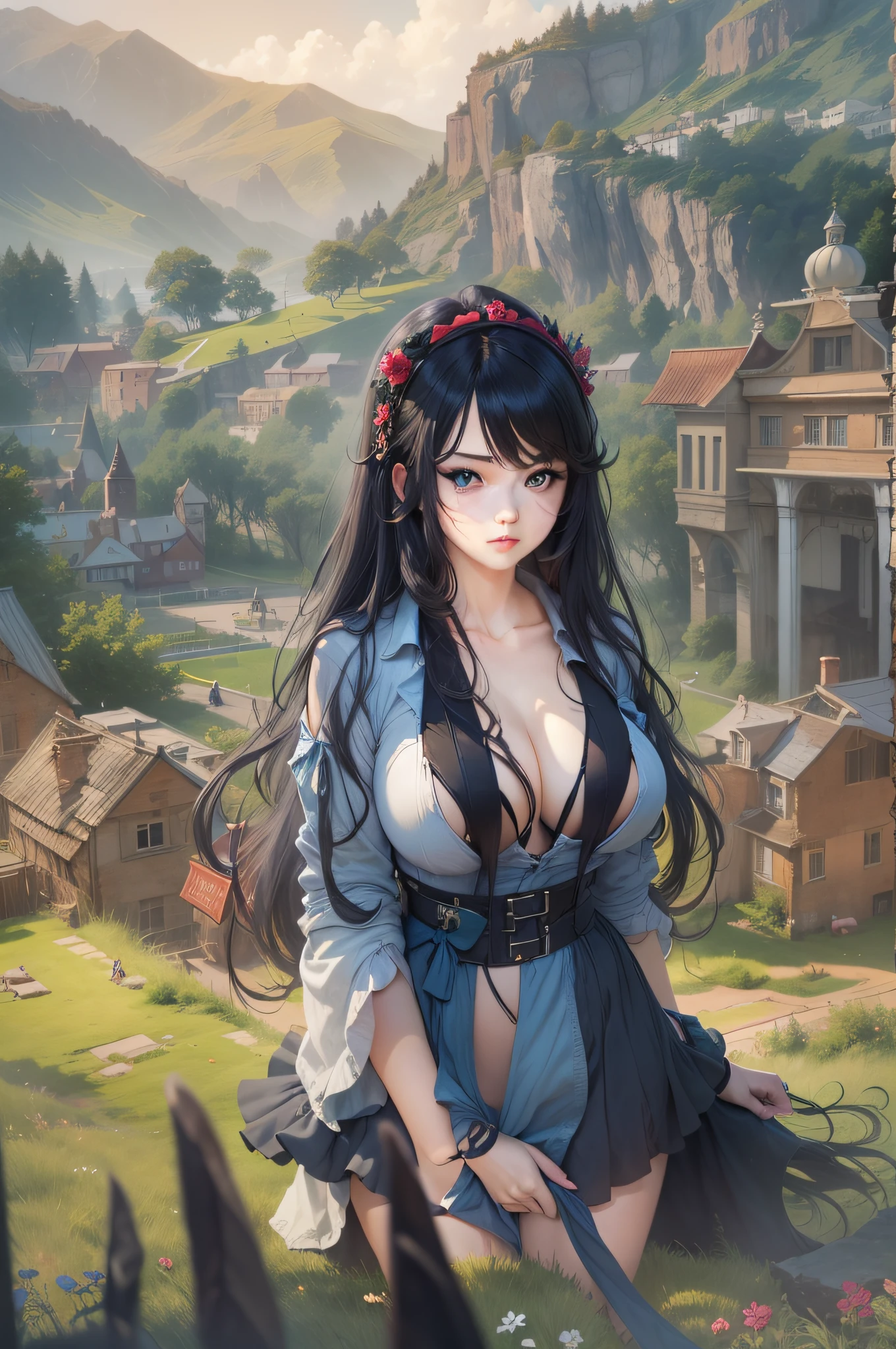 1girl in, Solo, 18 years old, Black Long Hair, Big blue eyes, Huge breasts,