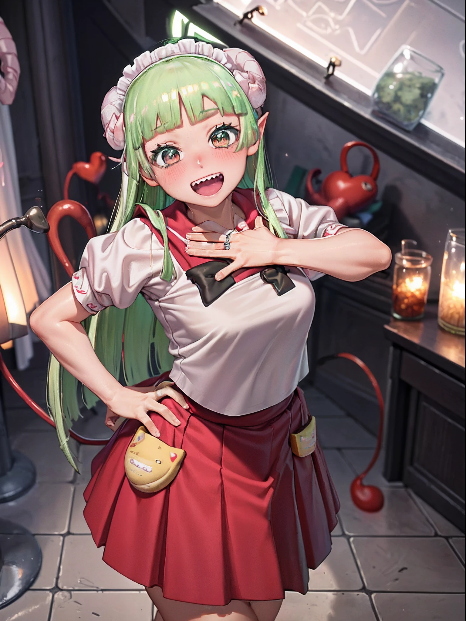 VClara、(​masterpiece)、(best qualtiy)、(ultra-detailliert)、(a high chroma)、((Anatomically correct hand))、(maid clothes、Wearing a black maid apron:1.1), Seductive Anime Girl, Fine details,(dishevled hair)、(wetted skin、Oily skin、Luminous skin)、tusk、petite girl in、Tail of the heart