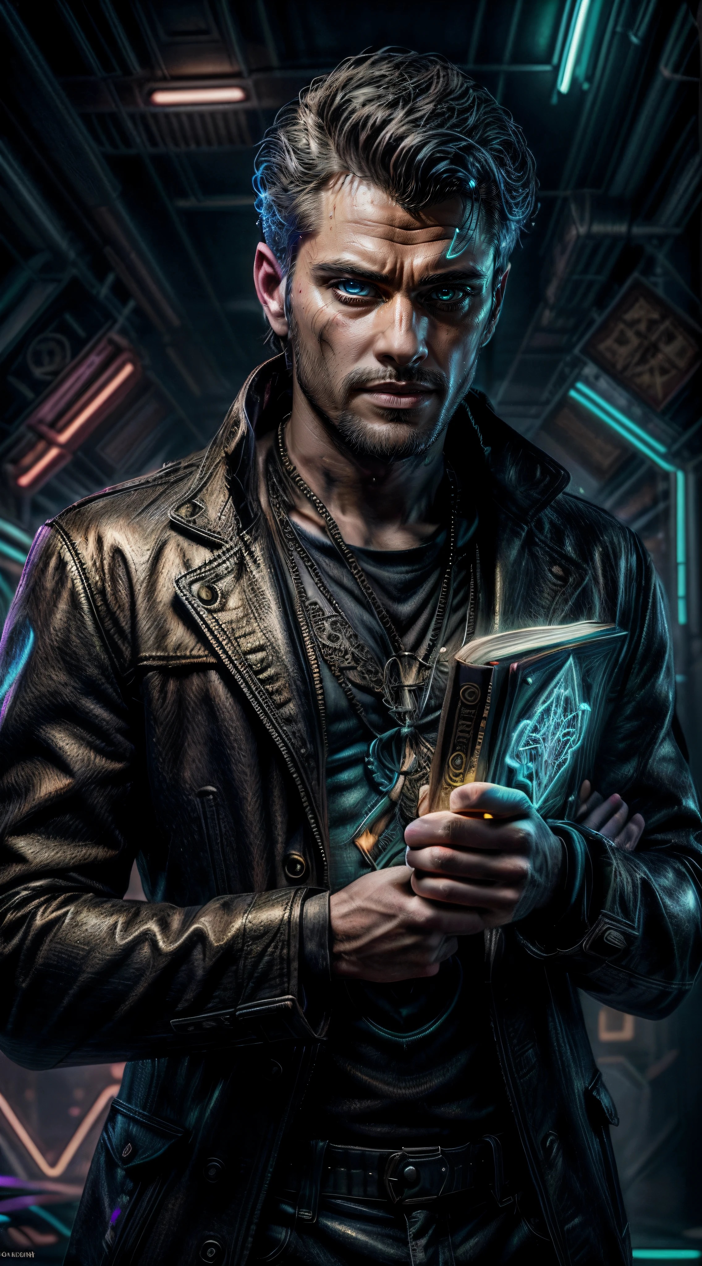 A man stands in a surreal, neon-lit environment, holding an intricately designed magical book in his hands. The surroundings are bathed in vibrant neon lights, casting an otherworldly glow. The book is adorned with arcane symbols and runes that seem to come to life, emitting a soft, ethereal light. The camera lens is a 135mm+, capturing every minute detail in breathtaking 64K UHD resolution. The lighting consists of neon lights in various shades, creating a mesmerizing and futuristic atmosphere, (((masterpiece))), (high res), (highly detailed face), (sharp focus: 1.5), (intricate), (detailed skin)