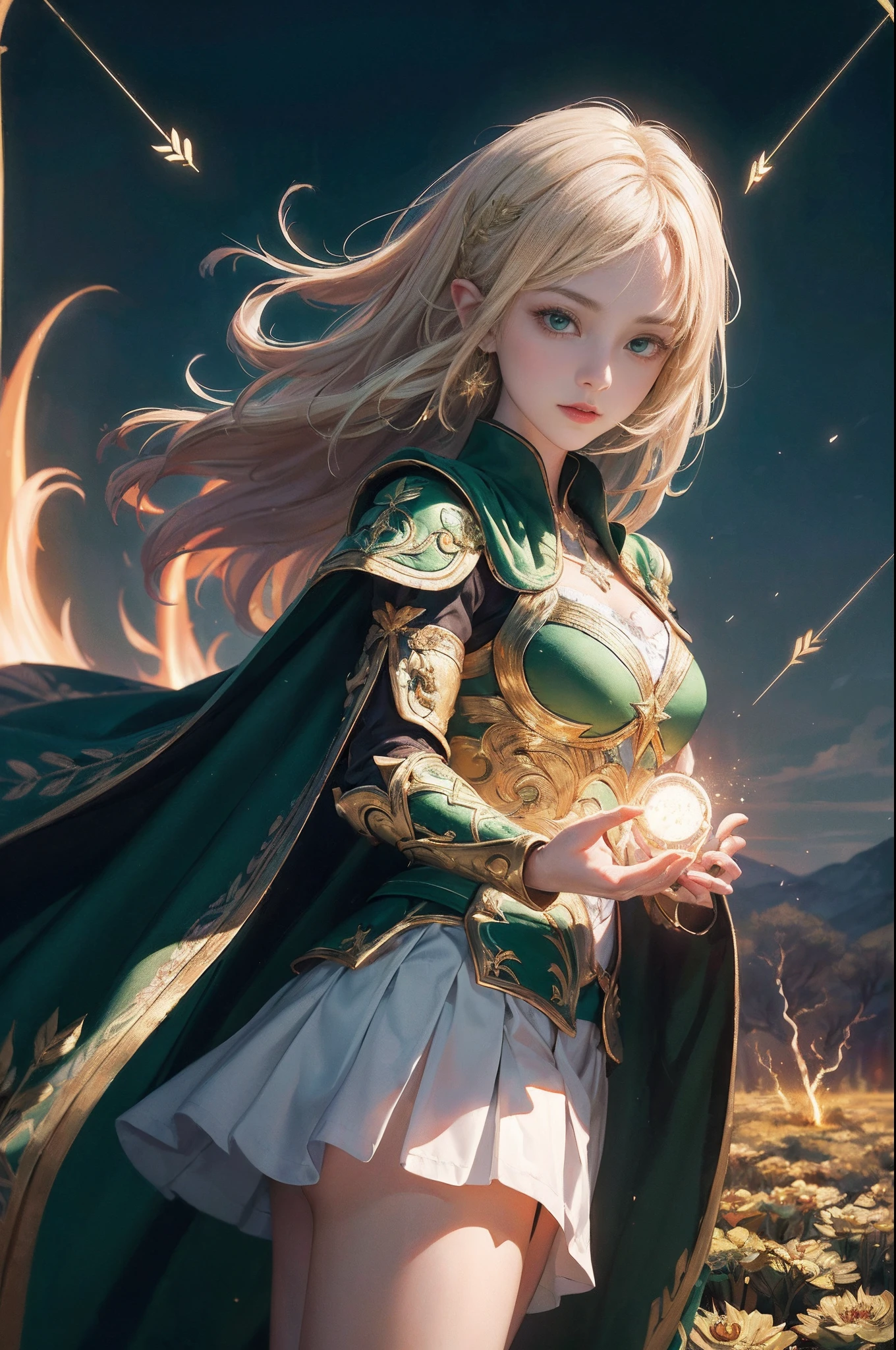 ​masterpiece, top-quality, top-quality, 超A high resolution, 8K HDR, 8k wallpaper, huge filesize, intricate detailes, foco nítido, realisitic, Delicate, astonishing, nffsw, finely detail, beautiful detail, colourfull, Fantasia、1 Elven Woman、30-years old、(Detailed face), (beautidful eyes), （beautiful countenance)、(Ultra-thin white mini skirt with gold embroidery)、(Blonde long straight hair)、(glowing dark green eyes)、(Ultra-fine green cloak armor with golden embroidery)、(Golden embroidered green gauntlet)、large full breasts、perfect anatomia、(heavy wind)、(A lot of glowing grains are flying)、(Magic Chanting)、(((Tornadoes gather in hands)))、(((Overhead circle of light with geometric pattern and letters drawn in light)))、((Lots of glowing green arrows are emitted))、((forest at night))、Fight the army of demons、Perfect Lighting、dynamicposes