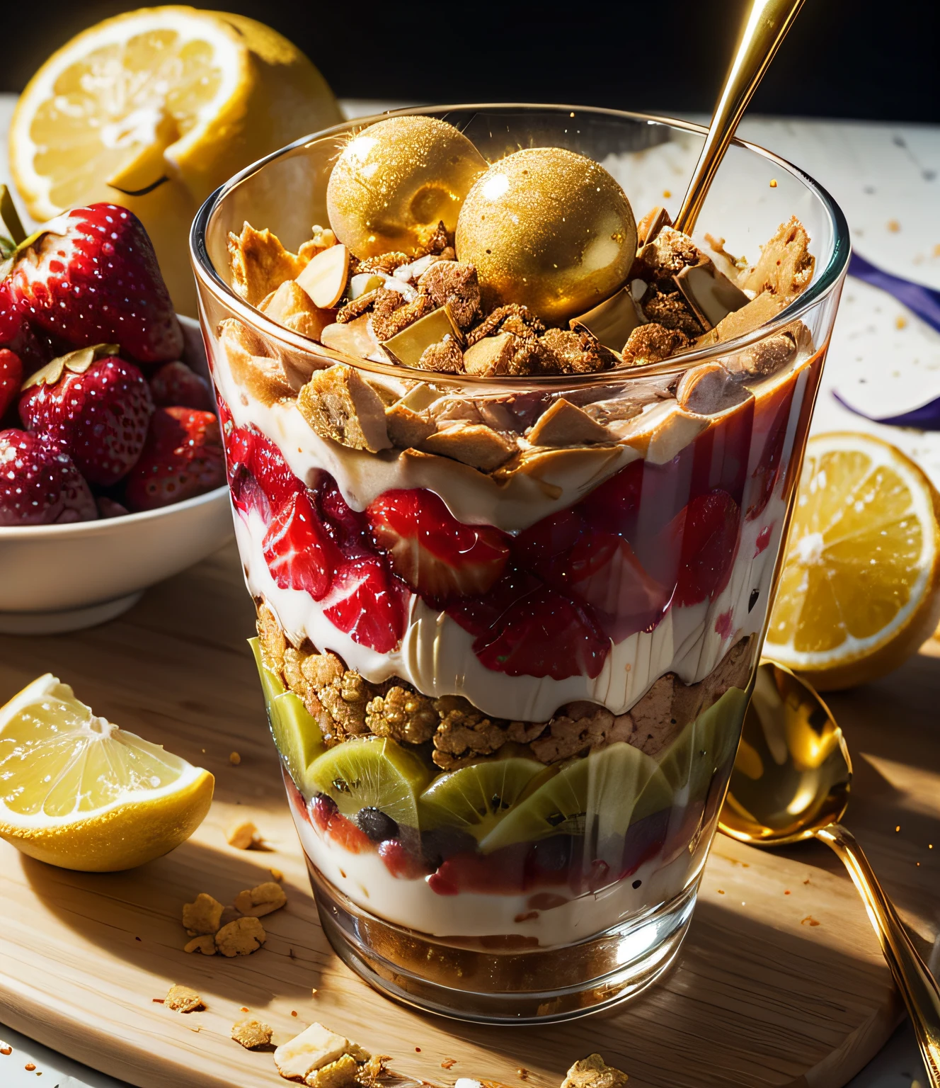 masterpiece、top-quality、top-quality、((Close-up of a fruit-filled Japan parfait in a slender golden parfait glass))、ighly detailed、colourfull、highestdetailed