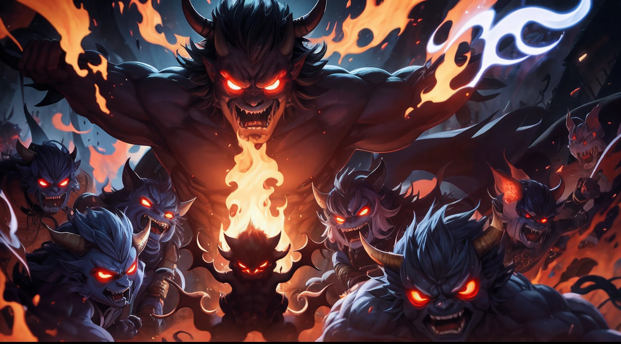 pandemonium, group of yokai, group of oni, group of specter, group of apparition, group of ghost, group of phantom, 8k, high-resolution, dynamic angle, Close-up, waist shot