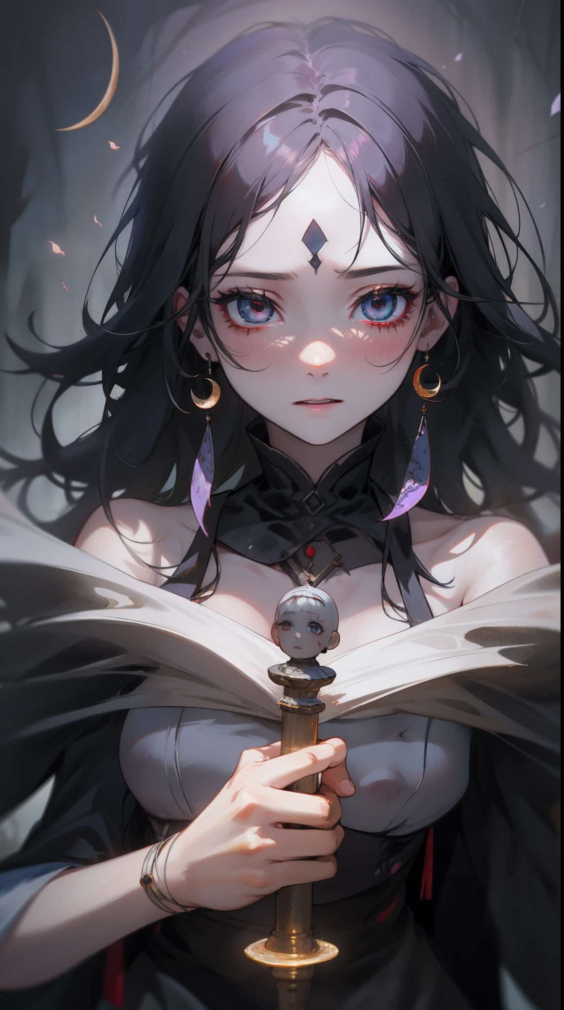 ((masterpiece)), best quality, 8k, high quality, high resolution, super detailed, ultra detailed, photorealistic, beautiful and finely detailed face and eyes, ultra detailed and detailed skin texture, expressive eyes, perfect face, 1 girl, disheveled hair, (pale skin), dark eyes with red irises, torn dress, ethereal hands, (voodoo dolls), ritual markings, summoning spirits, trance-like expression, ((haunting whispers)), midnight, mist-shrouded bayou, twisted trees, flickering torches, (distant cries), (crescent moon), since generations, Marie Laveau, enigmatic eyes, voodoo horror background.