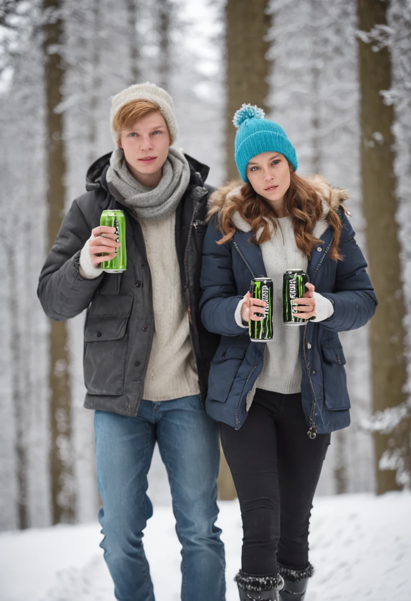 Finnish high school couple drinking Monster Energy drink、Walk through a snowy landscape