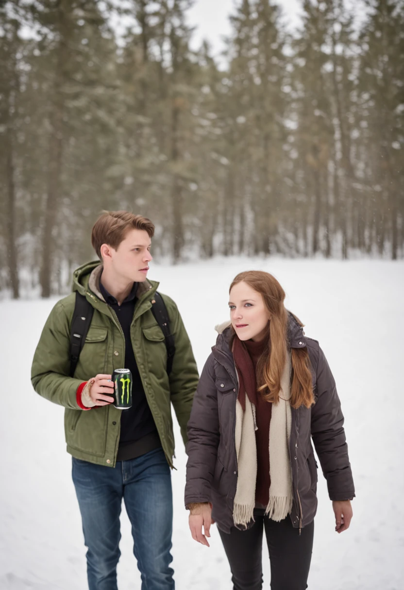 Finnish high school couple drinking Monster Energy drink、Walk through a snowy landscape