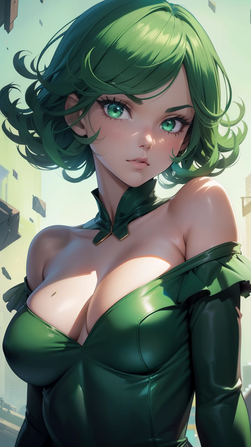 (best qualtiy,8K,32K,tmasterpiece,hyper HD:1.3),Green hair,1个Giant Breast Girl,perfect bodies,Super detailed face,Bust photo,Very small breasts,Black hair,Green clothes,upperbody closeup,Off-the-shoulder attire