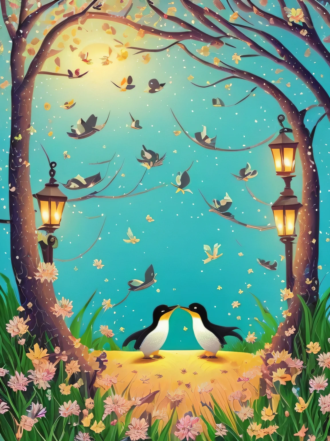 "(unity 8k wall paper、ultra-detailliert、Beautifully Aesthetic、​masterpiece、top-quality)、((Beautiful oil painting style))、masutepiece, beautiful  lighting, Cute Penguins, Staring straight ahead