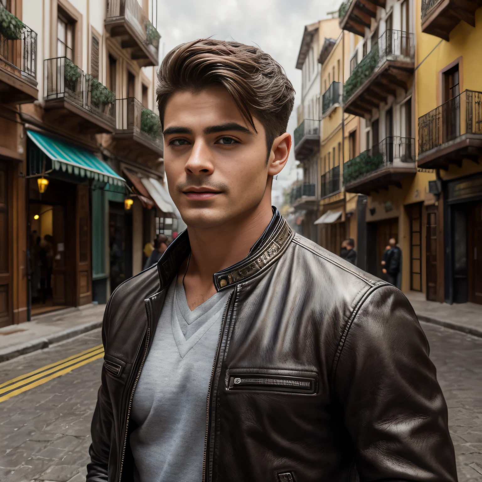 full Portrait of A confident-looking Spanish man, 25 years old, with shirt, leather jacket, hazel eyes, smooth face, hairstyle same as zac efron, cute smile on face, square jaw, perfect composition, evening indian street, bokeh, hyper-realistic, super detailed, 8k, high quality, trending art, trending on artstation, sharp focus, studio photo, intricate details, highly detailed, art by greg rutkowski