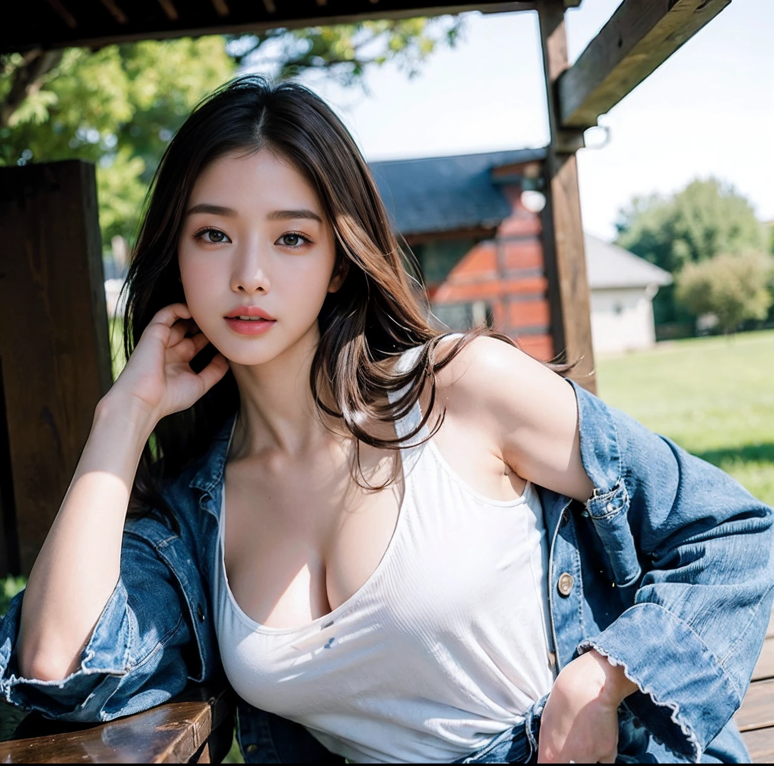 (top-quality、masterpiece)、(Realistic lighting with shadows)、huge filesize、hight resolution、elegent、realisitic、intricate detailes、(Perfect anatomical depiction of the human body)、1 girl with big、((Miraculous Super Size))、She is a girl、((Beautiful light brown eyes with glowing highlights))、Her charming little thin lips are、No lipstick, however、It's shiny、long、hi-school girl、denim jackets、White T-shirt、leather pant((The girl's breasts are not exposed at all))But、Very large breasts、Very beautifully、This picture is taken from the front.(It is a photo of a smile that looks like a wonderful flower blooming、full body Esbian、outside of house、A city scape