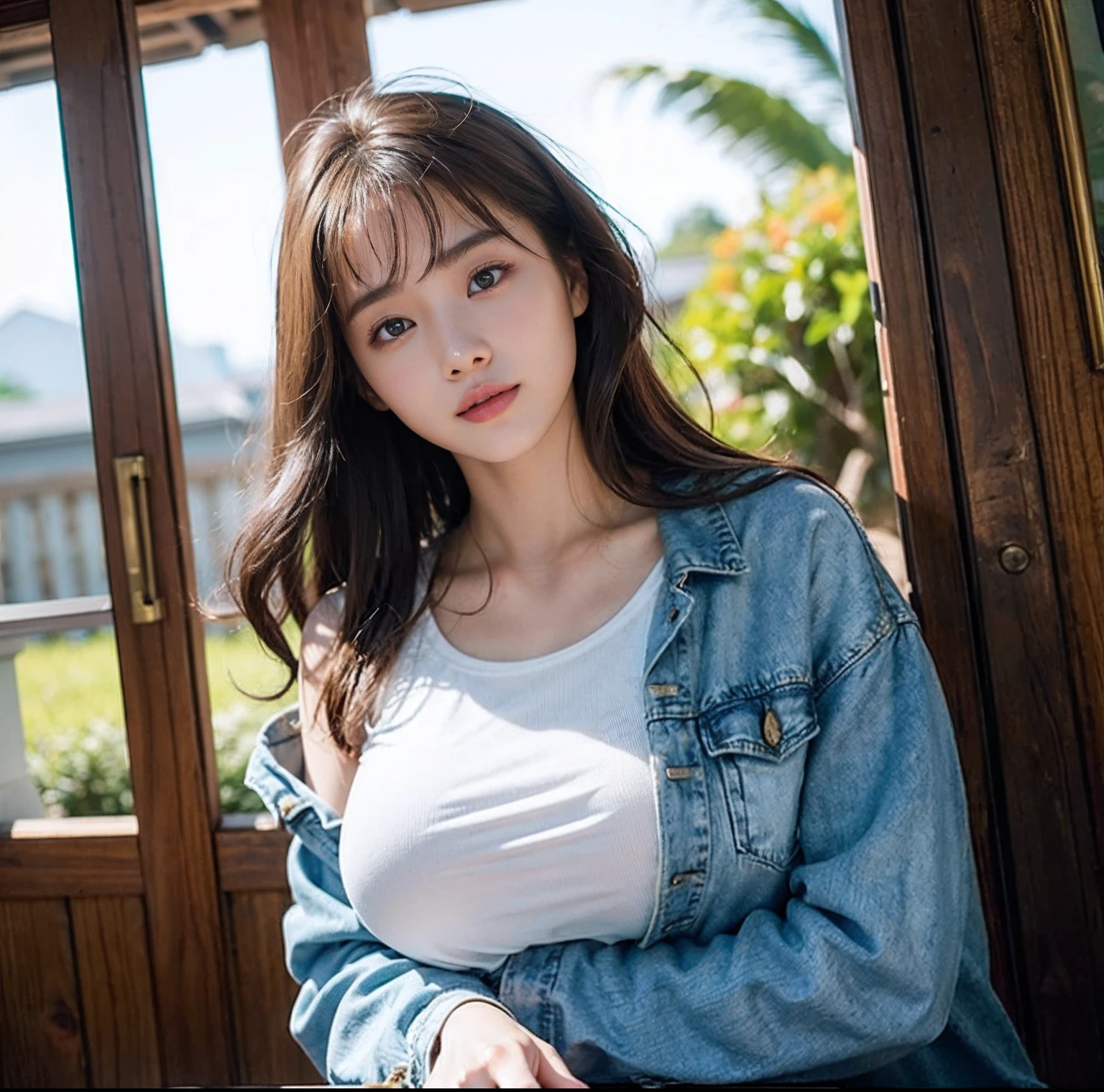 (top-quality、​masterpiece)、(Realistic lighting with shadows)、huge filesize、hight resolution、elegent、realisitic、intricate detailes、(Perfect anatomical depiction of the human body)、1 girl with big、((Miraculous Super Size))、She is a teenage girl、((Beautiful light brown eyes with glowing highlights))、Her charming little thin lips are、No lipstick, however、It's shiny、long、hi-school girl、denim jackets、White T-shirt、leather pant((The girl's breasts are not exposed at all))But、Very large breasts、Very beautifully、This picture is taken from the front.(It is a photo of a smile that looks like a wonderful flower blooming、full body Esbian、outside of house、A city scape